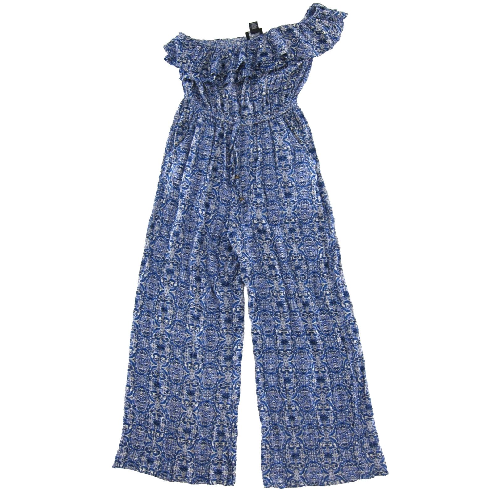 Vintage VINTAGE Angie 100% Rayon Blue White Floral One Shoulder Pocket Wide Leg Jumpsuit Small Size 28" / US 6 / IT 42 - 2 Thumbnail