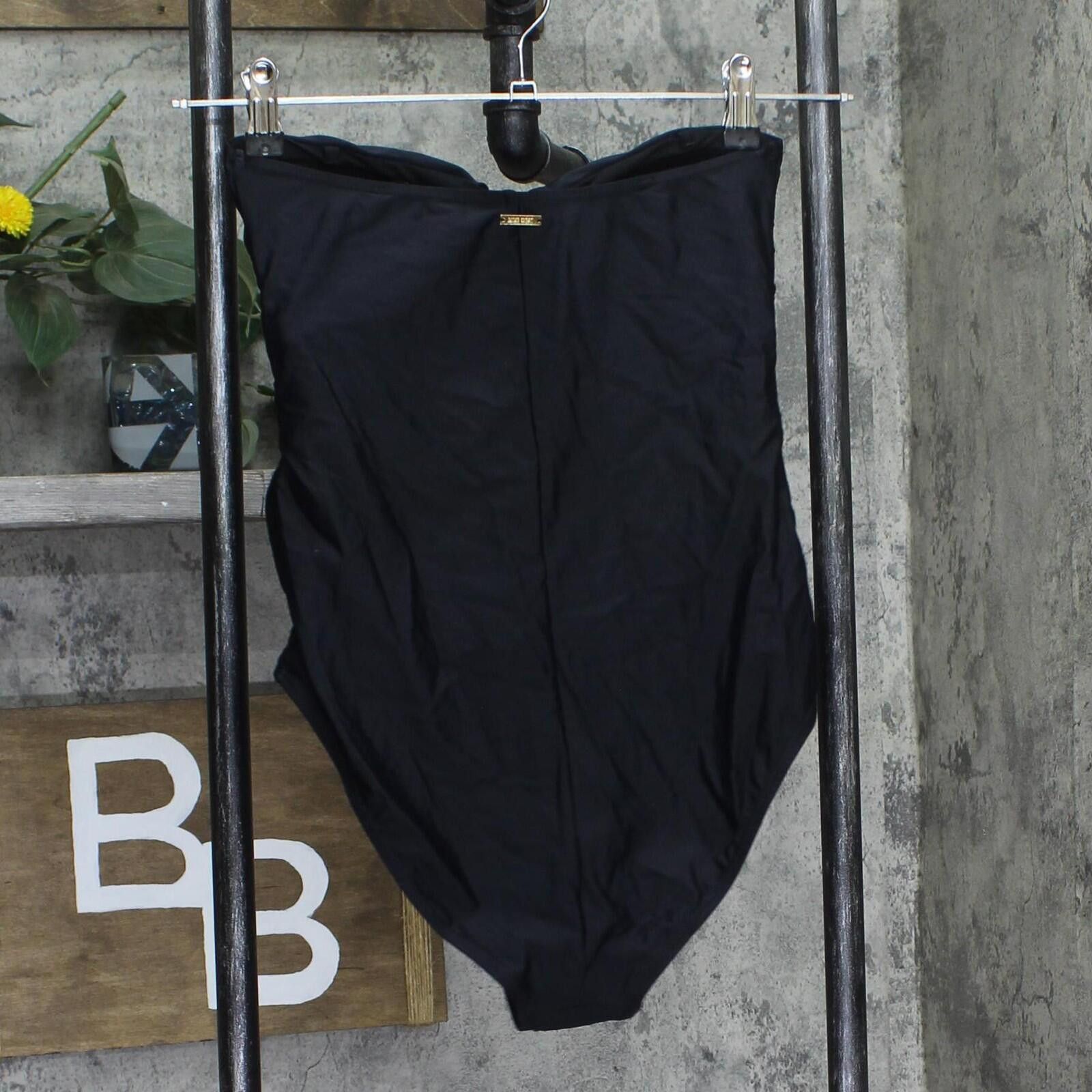 Nine West Nine West Ruched Side V Cut Out One Piece Swimsuit Black M Size ONE SIZE - 2 Thumbnail