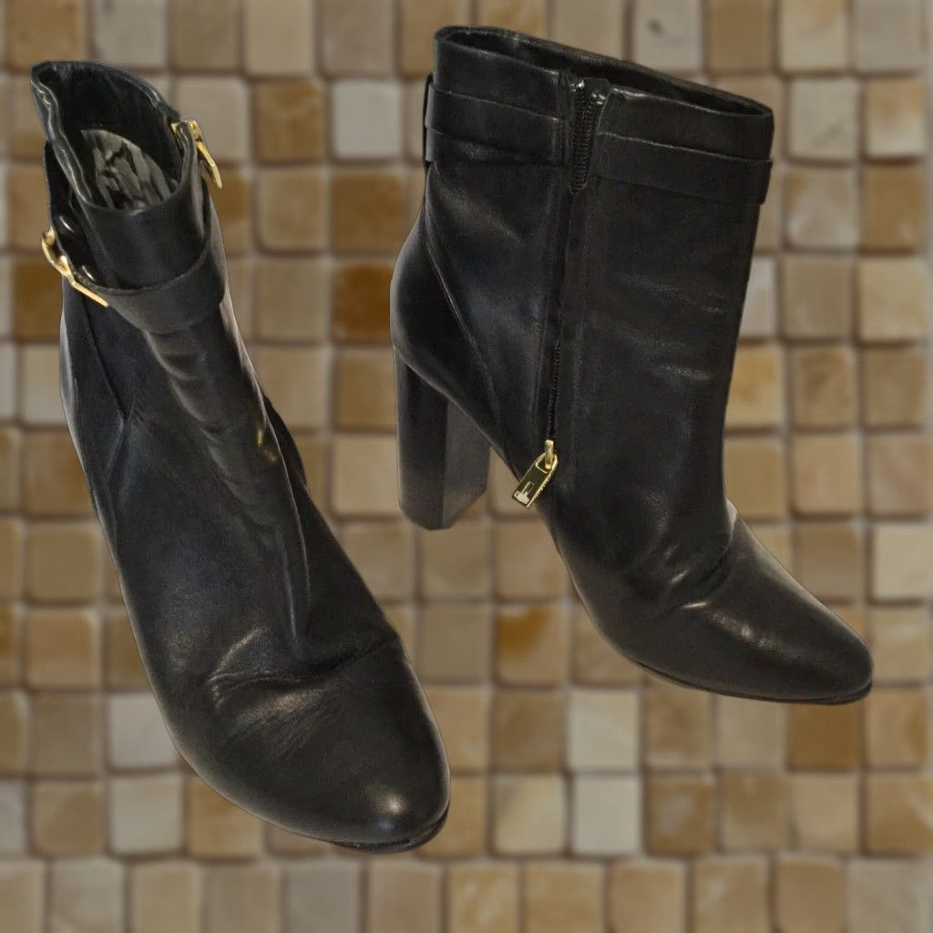 Ted Baker Womens Black Leather Fashion Boots Size 40 High Heel Shoes Zip Block 10