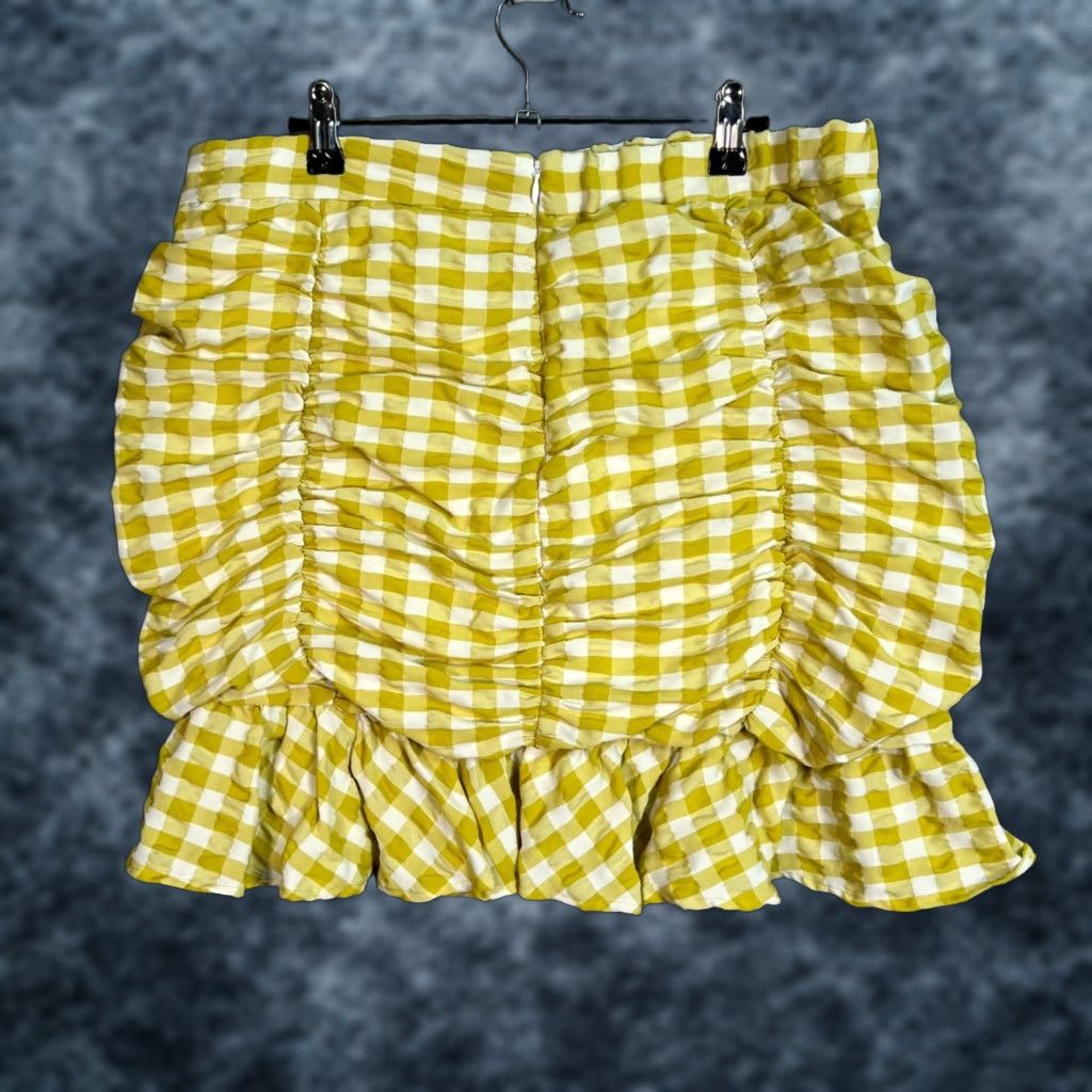 Vintage Skies Are Blue Yellow Gingham Ruched Skirt Womens XL Size Mini Short Summer Spring Streetwear Casual Womens Skies Are Blue Size 40" / US 18 - 1 Thumbnail