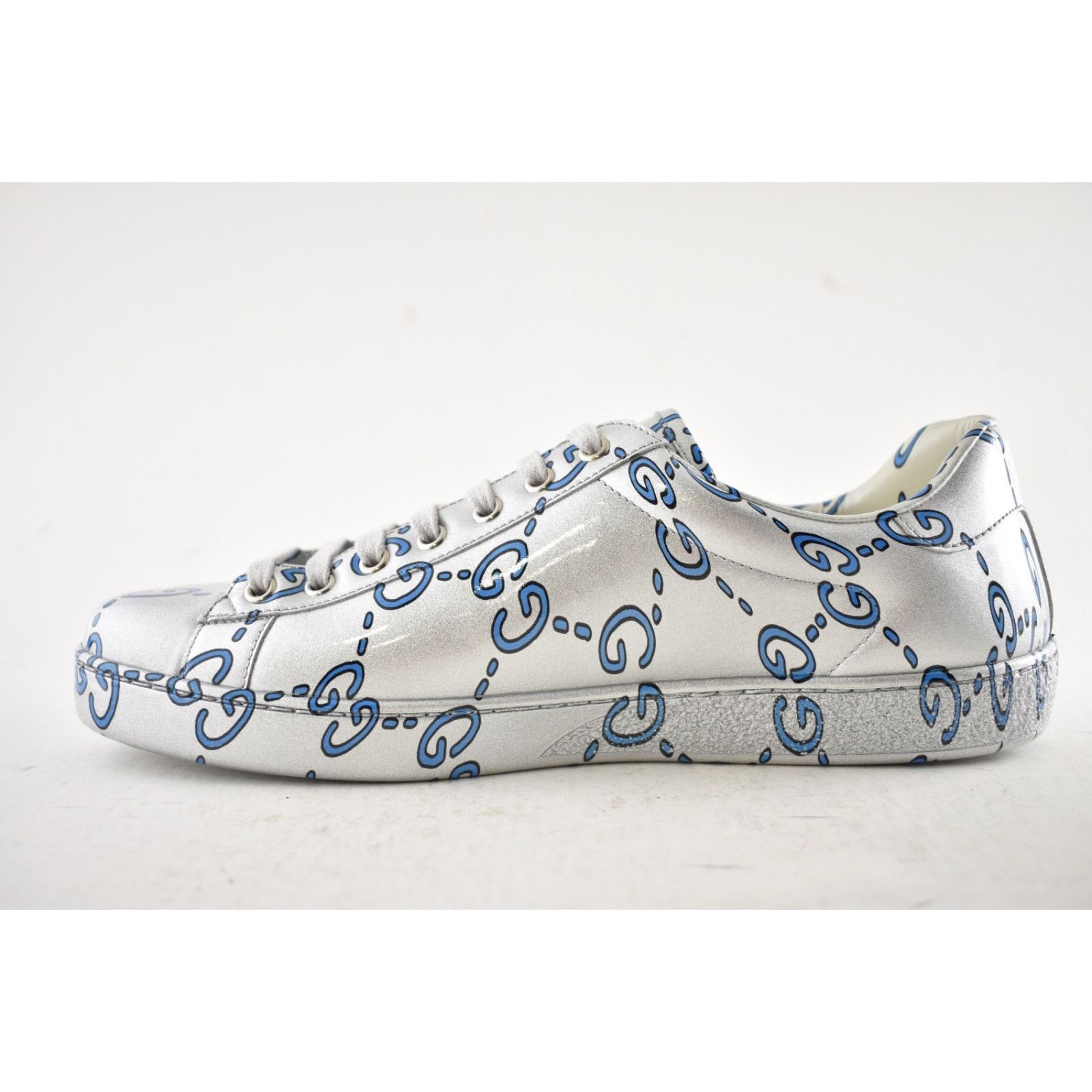 Gucci Gucci New Ace Silver Blue Ghost GG Leather Sneakers 9.5/10.5 Size US 10.5 / EU 43-44 - 11 Thumbnail