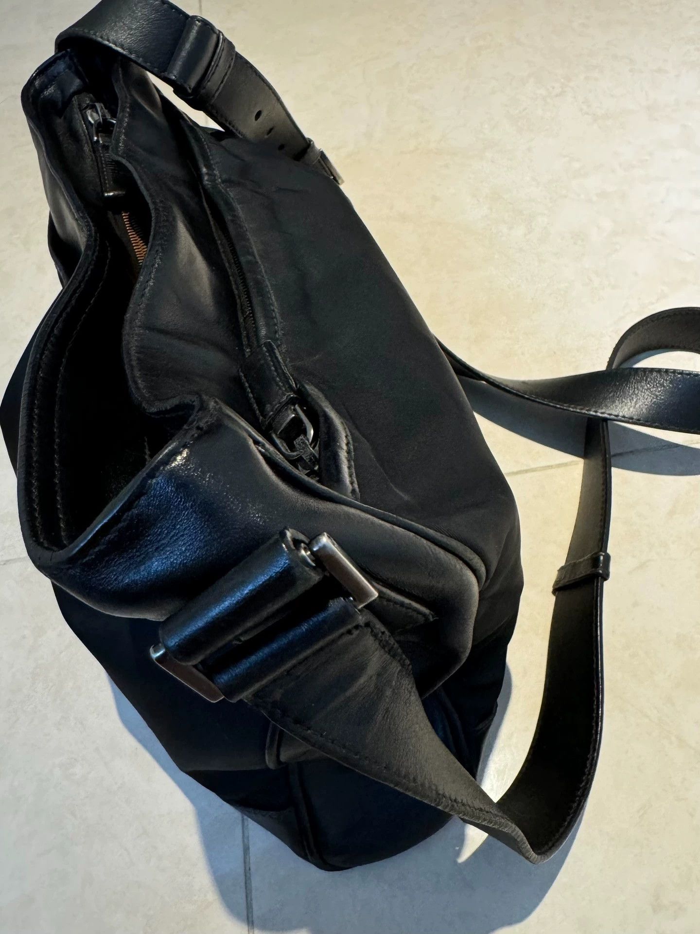Prada Prada Logo Waxed Leather Nylon Crossbody Bag Black Unisex Size ONE SIZE - 6 Thumbnail