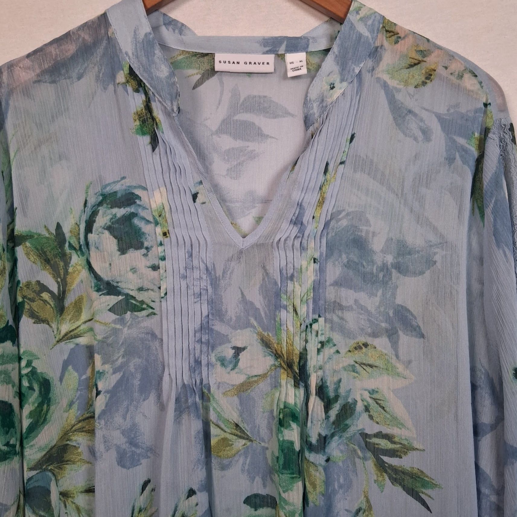 Vintage Susan Graver Blouse XL Blue Peony Floral Long Sleeve Semi Sheer Lace Pleated Shirt Womens Size XL / US 12-14 / IT 48-50 - 7 Thumbnail