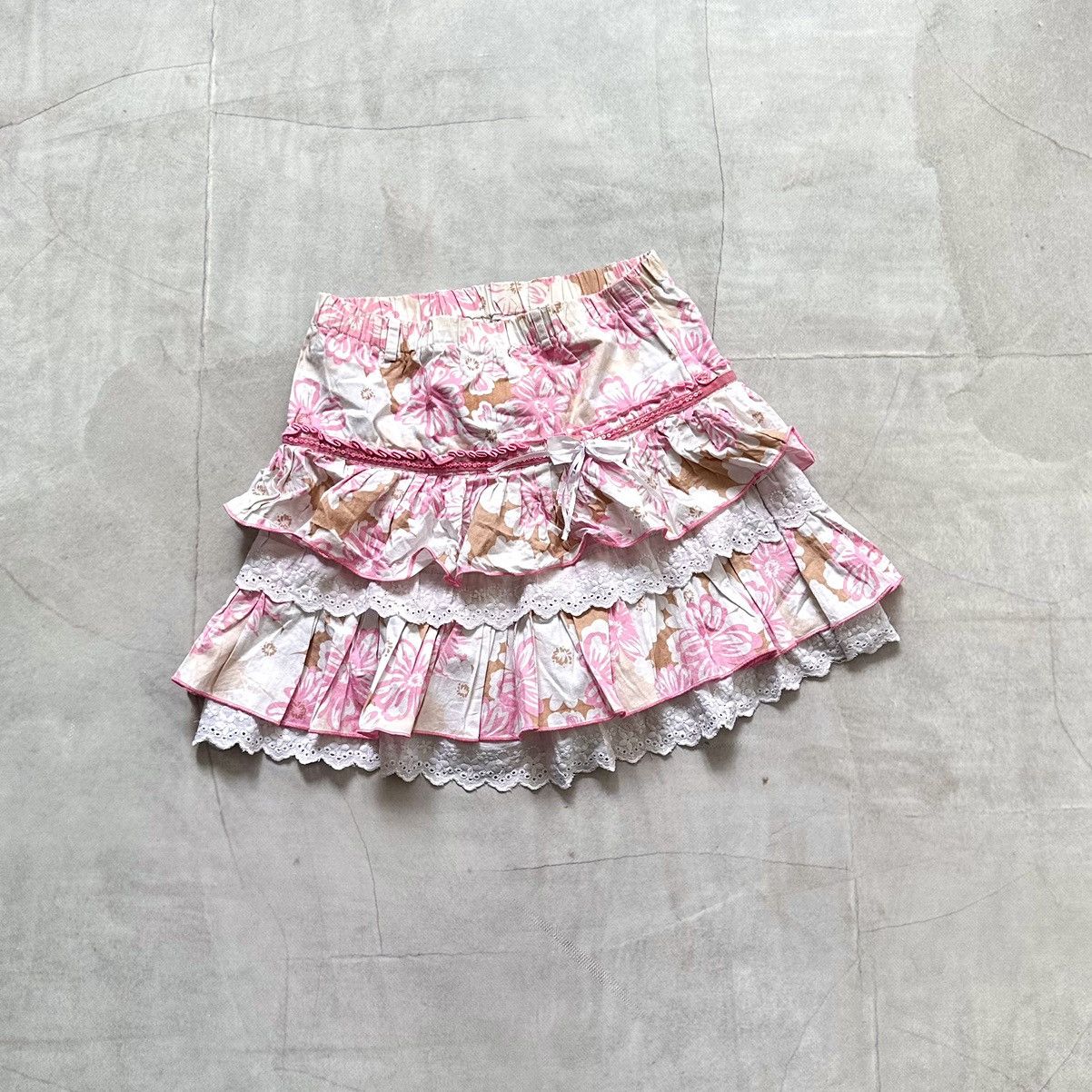 Cop Copine × Ed Hardy × Miss Sixty Sexy Floral Ruffle Skirt Y2K Vintage Cute Bow Lace Trim Size 24" / US 00 / IT 34 - 1 Thumbnail