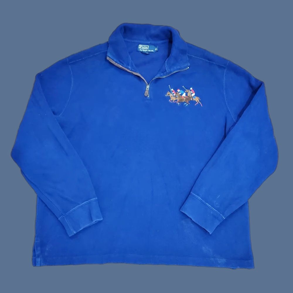 Polo Ralph Lauren Polo by Ralph Lauren Sweatshirt XL Blue 1/4 Zip Mock Neck Long Sleeve Embroidered Pony Riders Cotton Mens Size US XL / EU 56 / 4 - 1 Thumbnail