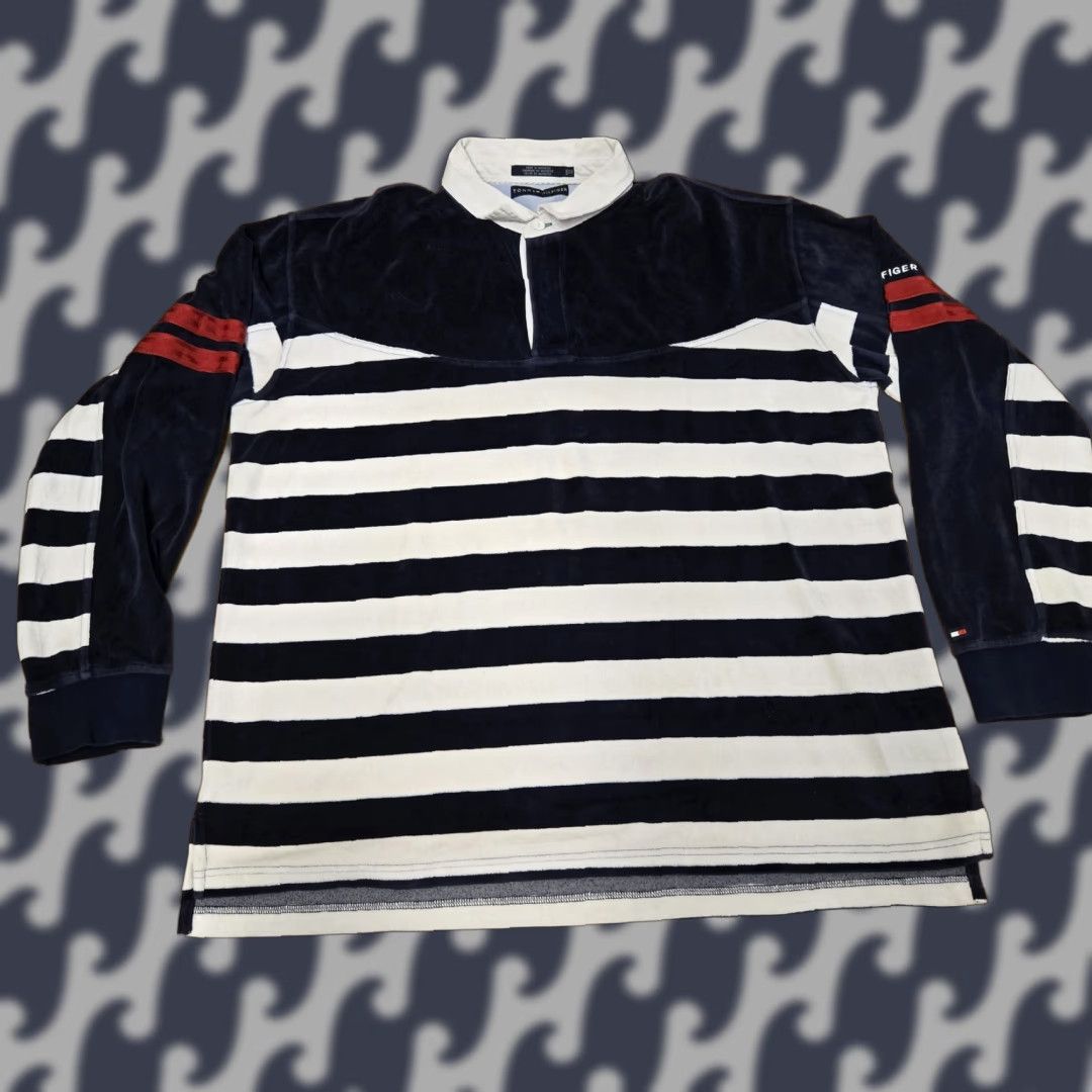 Tommy Hilfiger Tommy Hilfiger Rugby Shirt Mens 2XL Navy Blue White Striped Velour Long Sleeve Size US XXL / EU 58 / 5 - 1 Thumbnail