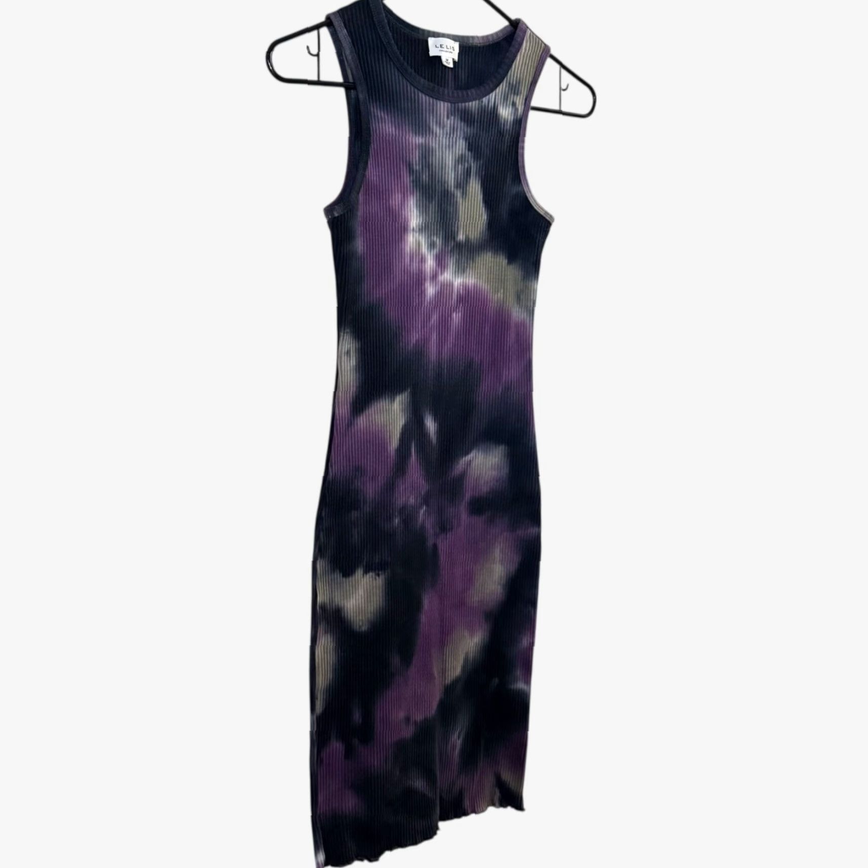 Vintage Le Lis Tie-Dye Midi Dress Purple & Blue Women's M Bodycon Ribbed-Knit Sleeveless Round Neck Pullover Casual Midi Dress Fall Spring Summer City Theme Size M / US 6-8 / IT 42-44 - 3 Thumbnail