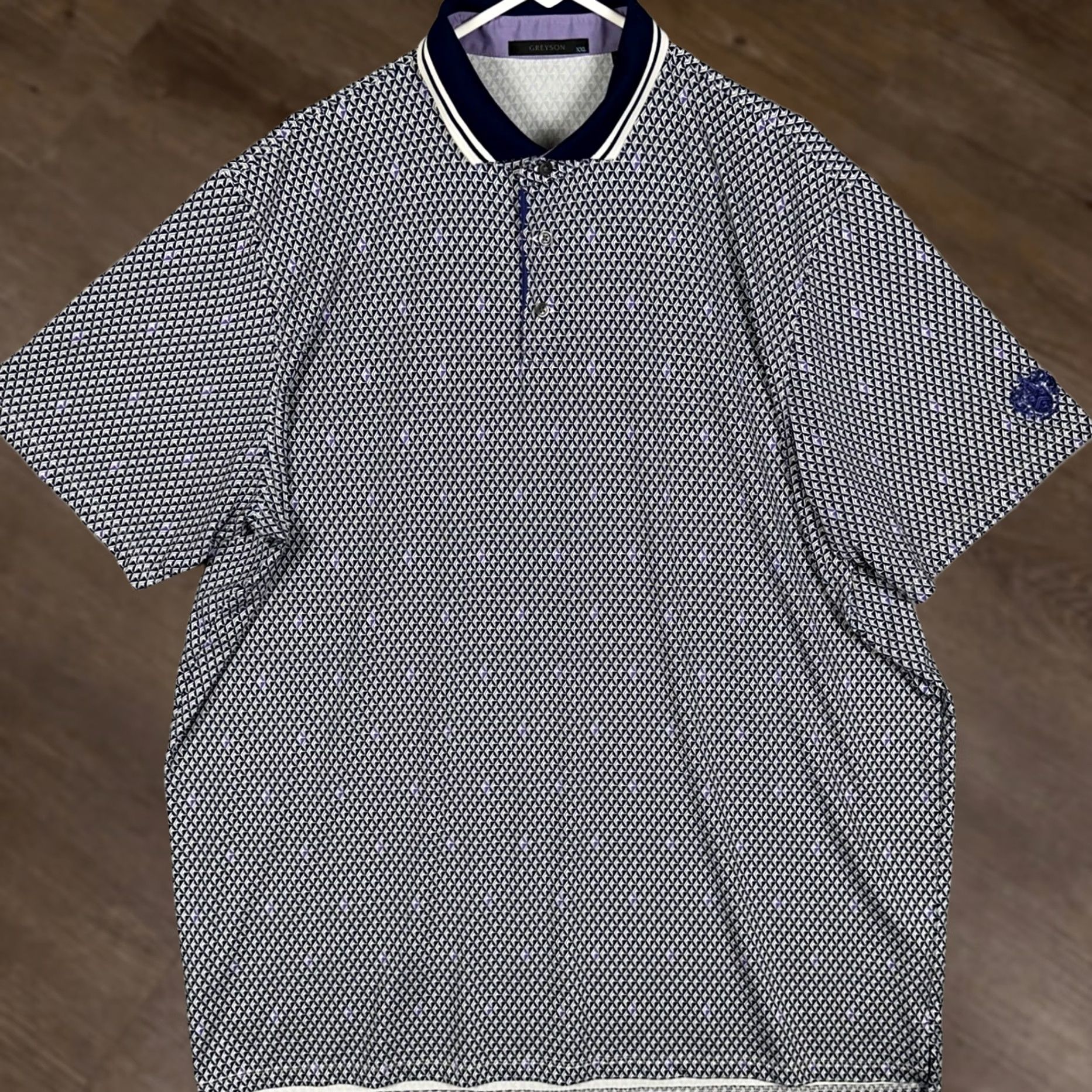 Vintage Greyson Polo Shirt Mens 2XL Navy White Geometric Golf Activewear Shirt Short Sleeve Button Collar Mens N Size US XXL / EU 58 / 5 - 1 Thumbnail