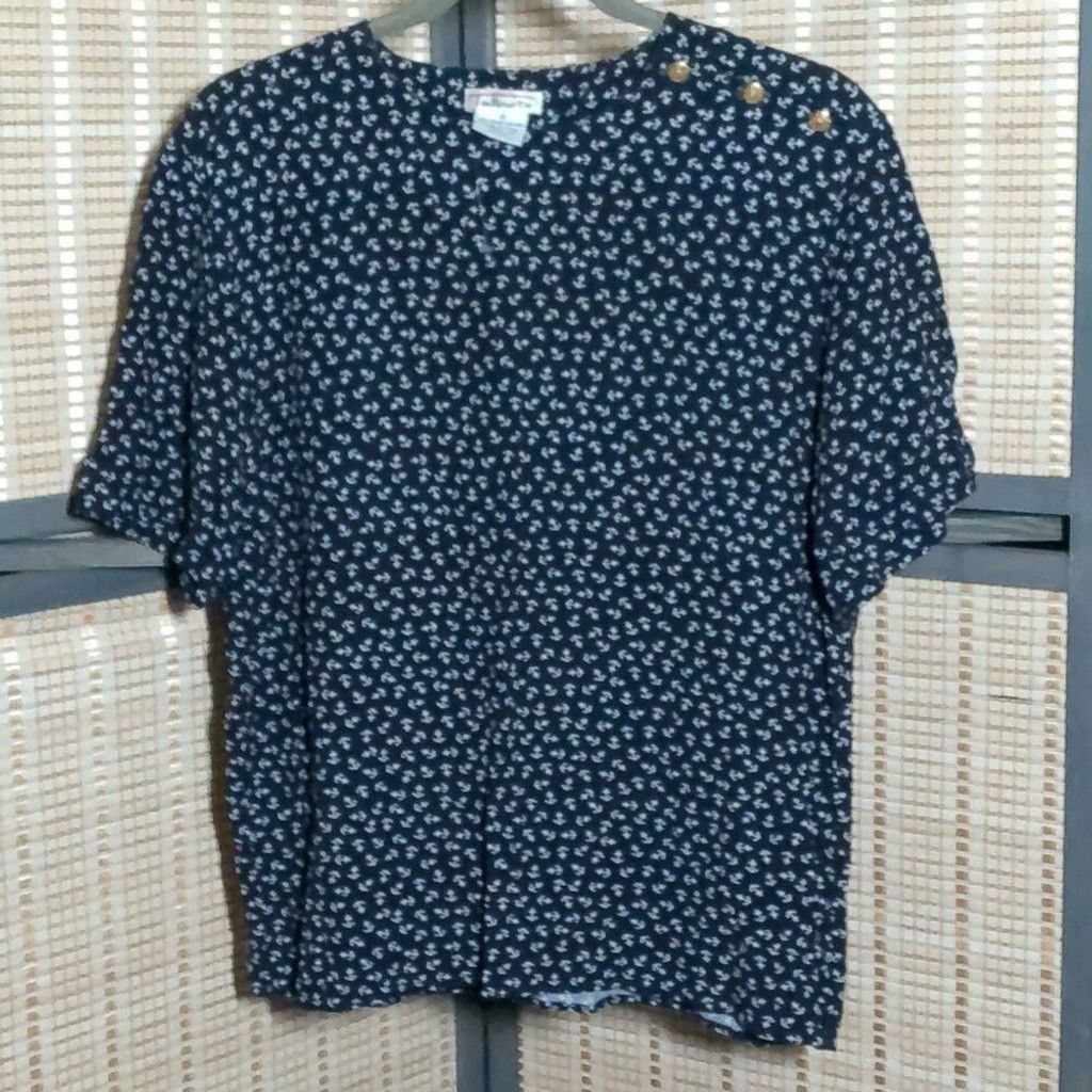 Talbots Talbots Navy Shirt with White Anchor Print Size L / US 10 / IT 46 - 1 Thumbnail