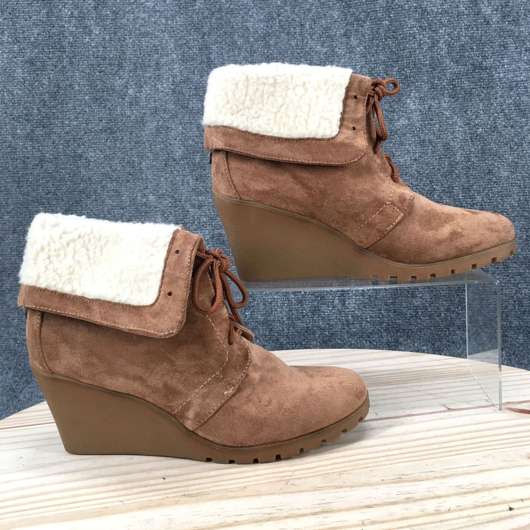 Nautica Nautica Brown Fabric Rendon Ankle Booties Lace Up Wedge Heels Womens 9 Size US 9 / IT 39 - 2 Thumbnail