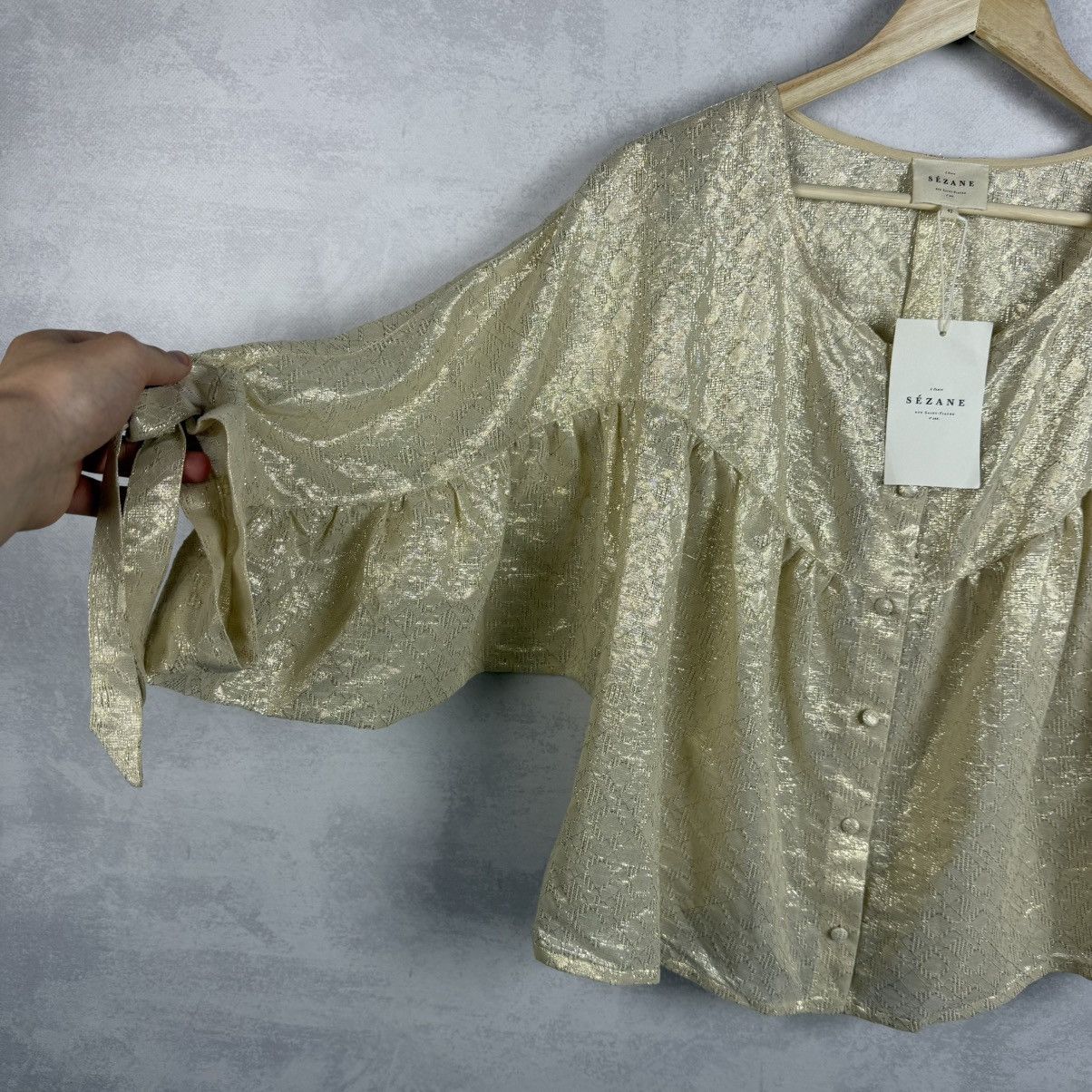 Sezane NWT Sezane Cristina Cotton Gold Metallic Ruched Blouse Size M / US 6-8 / IT 42-44 - 6 Thumbnail