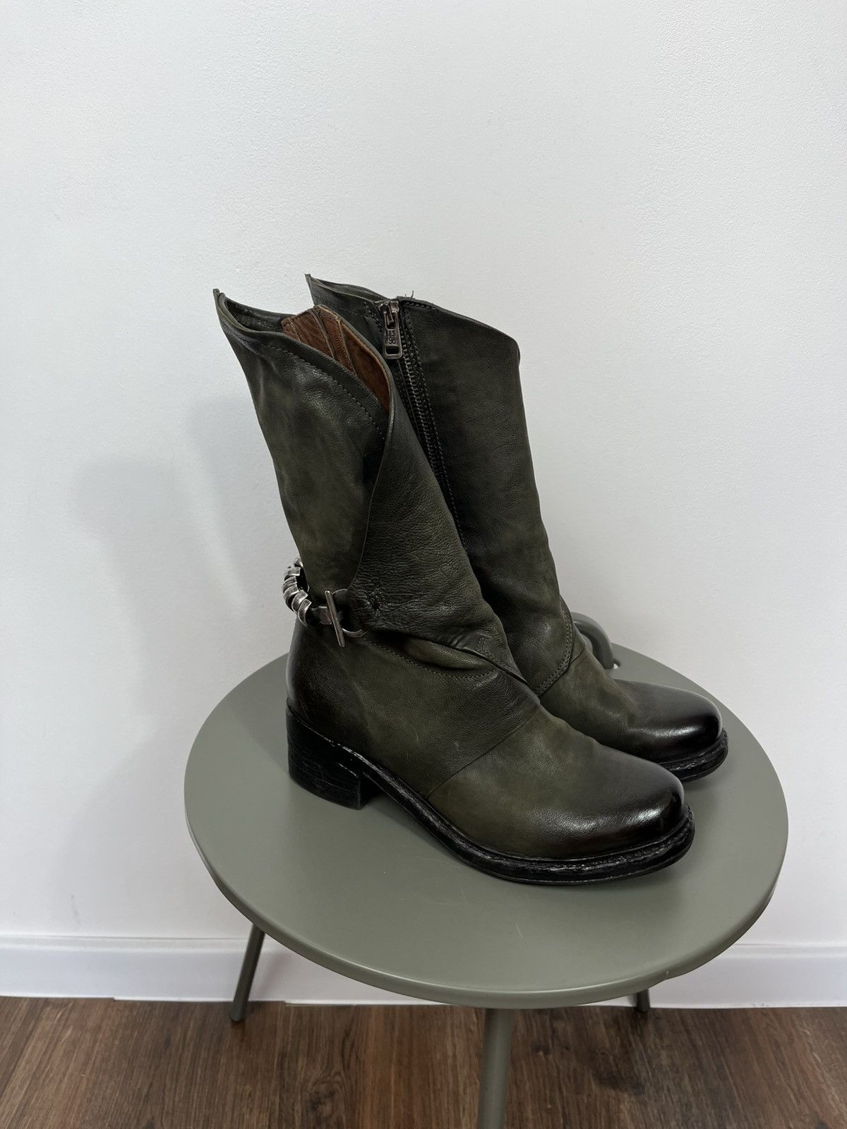 A.S.98 A.S.98 Leather Boots Green Women EU 38 Biker Buckle Zip Size US 7 / IT 37 - 2 Thumbnail