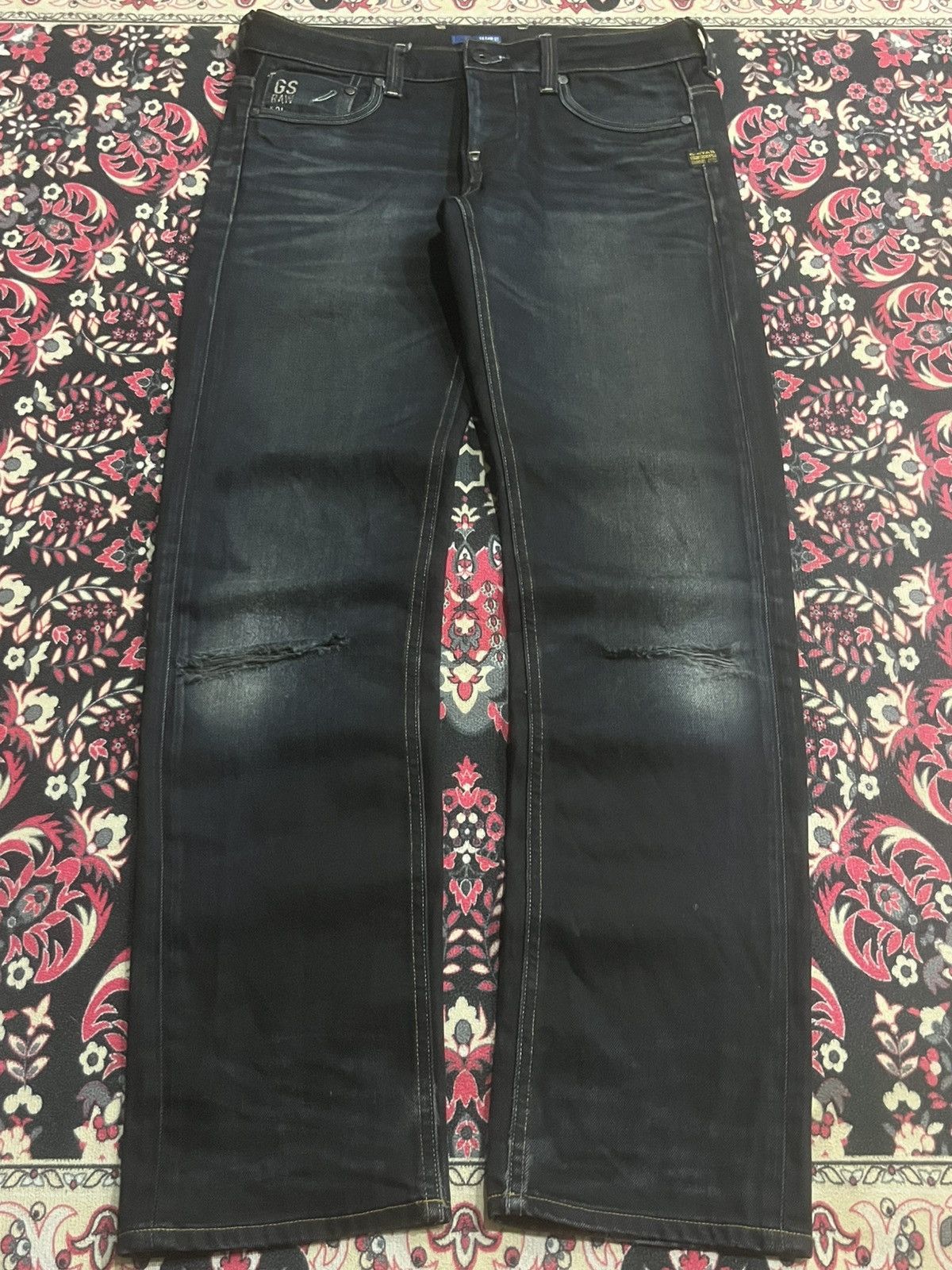 G Star Raw 01 Black Washed Distressed Straight Tapered Jeans
