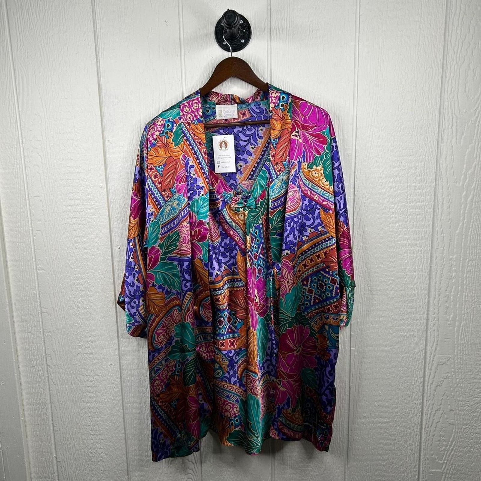 Vintage 80s Retro Pattern Silk Dress & Robe Sleep Set Medium