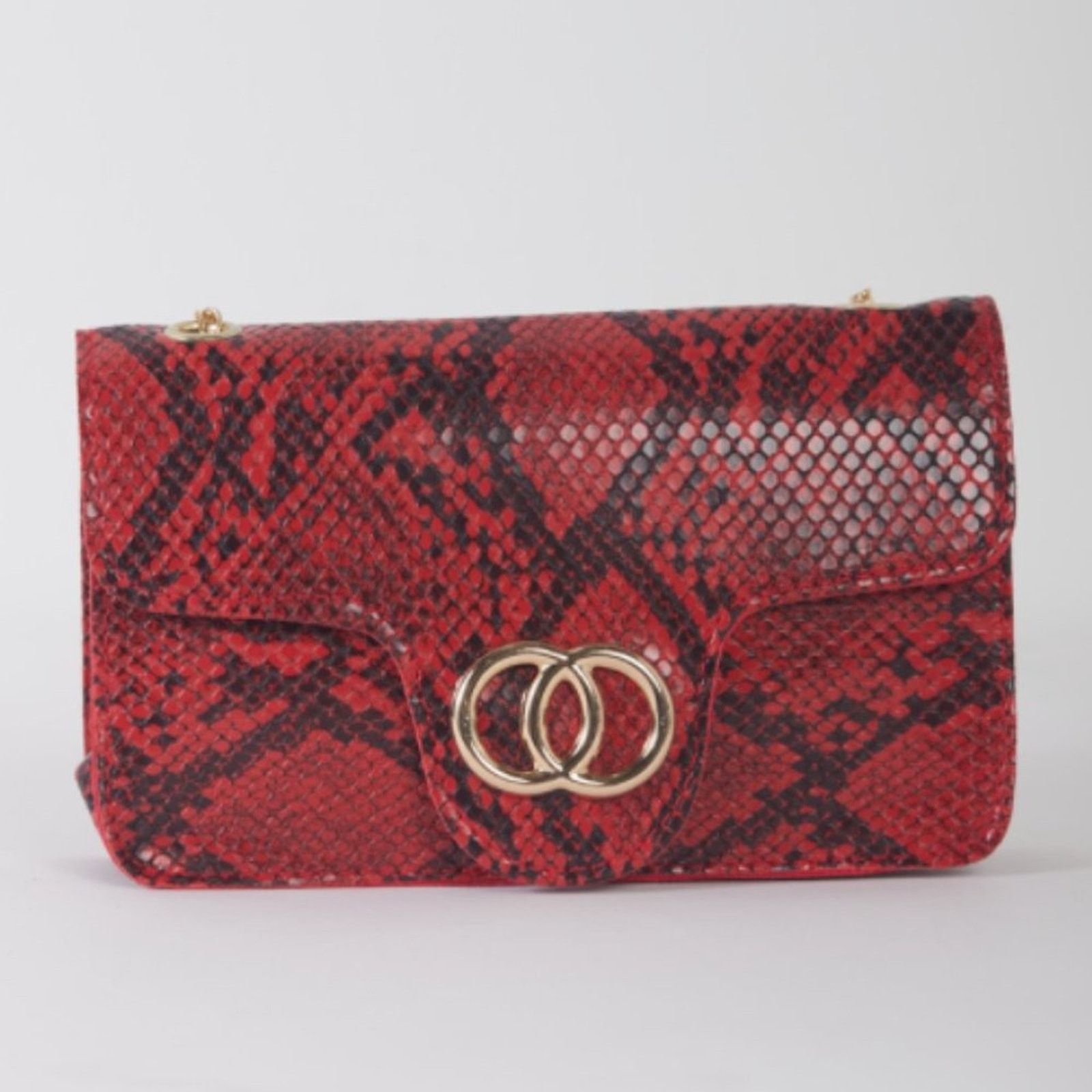 Red Faux Snake Leather Metal Rings Gold Chain Crossbody Bag, Women's
