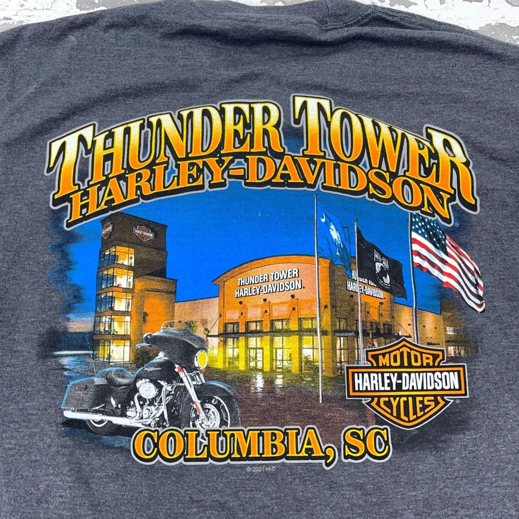 Harley Davidson Harley-Davidson Shirt Men Large Gray Tee Biker Motorcycle Thunder Tower Adult Graphic Print Short Sleeve Crew Neck Jersey Cotton 80s Retro Logo USA Size US L / EU 52-54 / 3 - 2 Thumbnail
