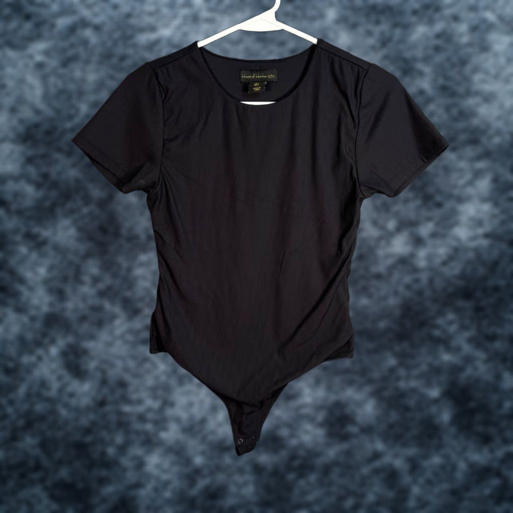 Vintage VINTAGE House Of Harlow 1960 Womens Small Black Ribbed Short Sleeve Bodysuit Size S / US 4 / IT 40 - 1 Thumbnail