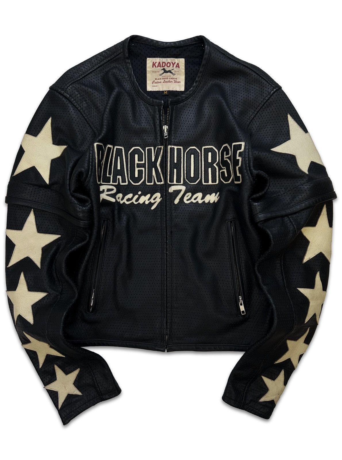 image of 90's Kadoya Black Horse Perforated Leather Star Biker Jacket, Men's (Size Medium)