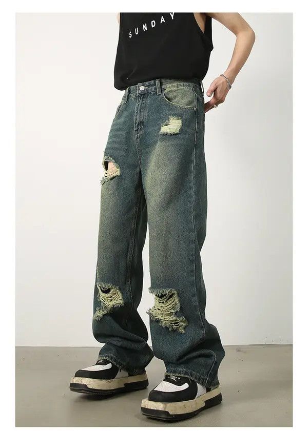 VIBE Japanese retro wide-leg loose straight-leg ripped jeans Size US 32 / EU 48 - 3 Thumbnail