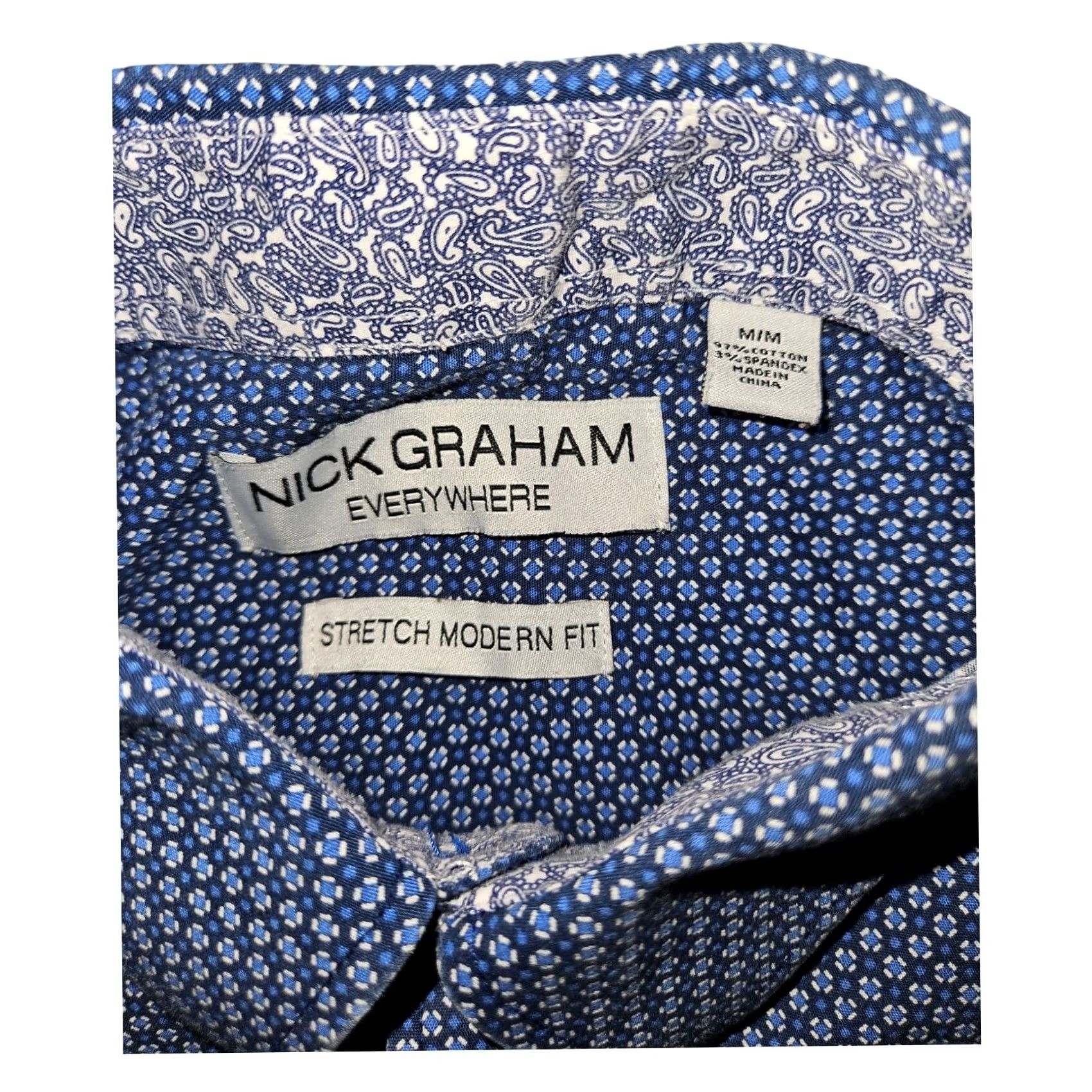 Vintage Nick Graham Everywhere Shirt Medium Men's Long Sleeve Flip Cuff Stretch Modern Geometric Blue Button-Up Casual Workwear 90s Preppy Dad Teacher Mens Size US M / EU 48-50 / 2 - 2 Thumbnail