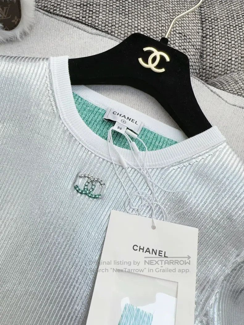 Chanel Chanel 25C bright silver stitching green edge knitted shor Size XS / US 0-2 / IT 36-38 - 4 Thumbnail