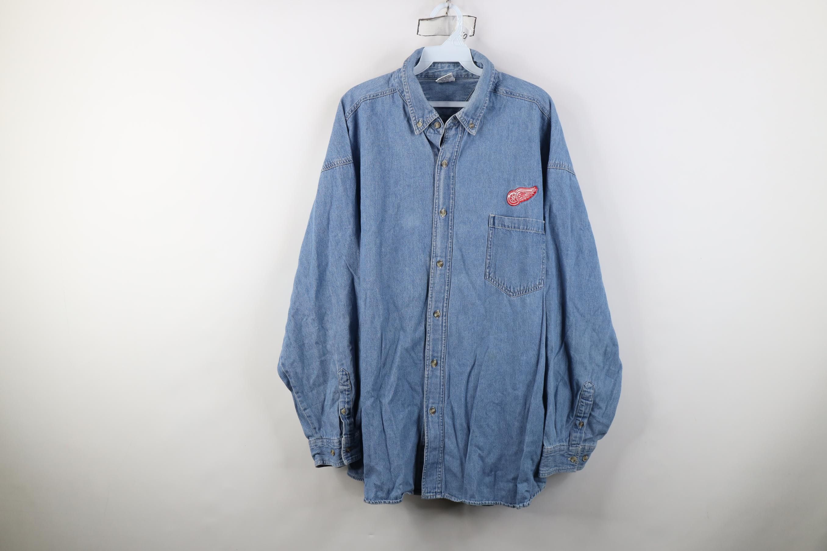 Vintage Vintage 90s Red Wings Hockey Denim Jean Button Down Shirt Size US XL / EU 56 / 4 - 1 Thumbnail