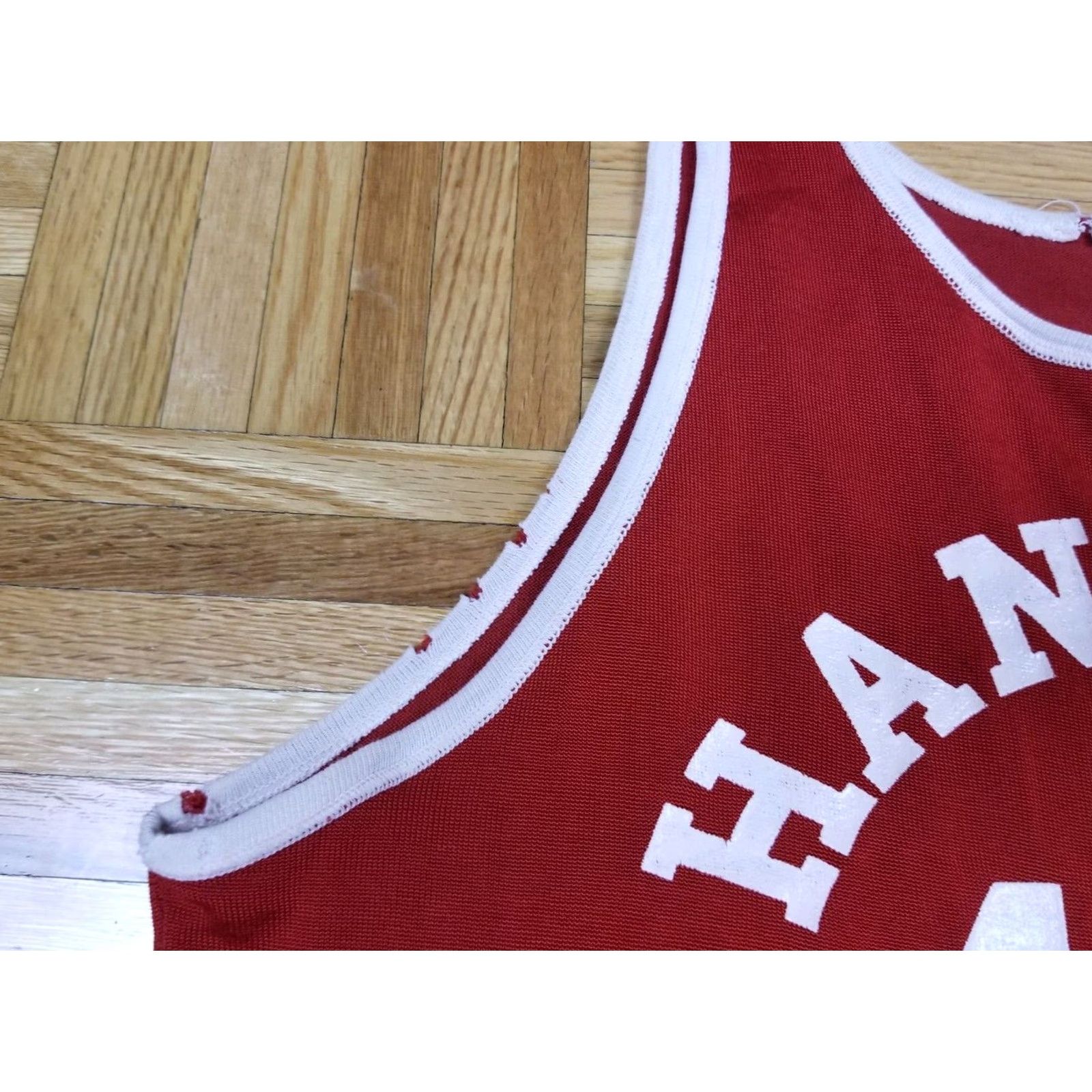 Champion VINTAGE Champion Runner Tag Hanover Patch Rayon Basketball Jersey SZ 40 Men Red T-Shirt 50's USA Band Retro Rock Tropical Polyester Cotton Size US L / EU 52-54 / 3 - 5 Thumbnail