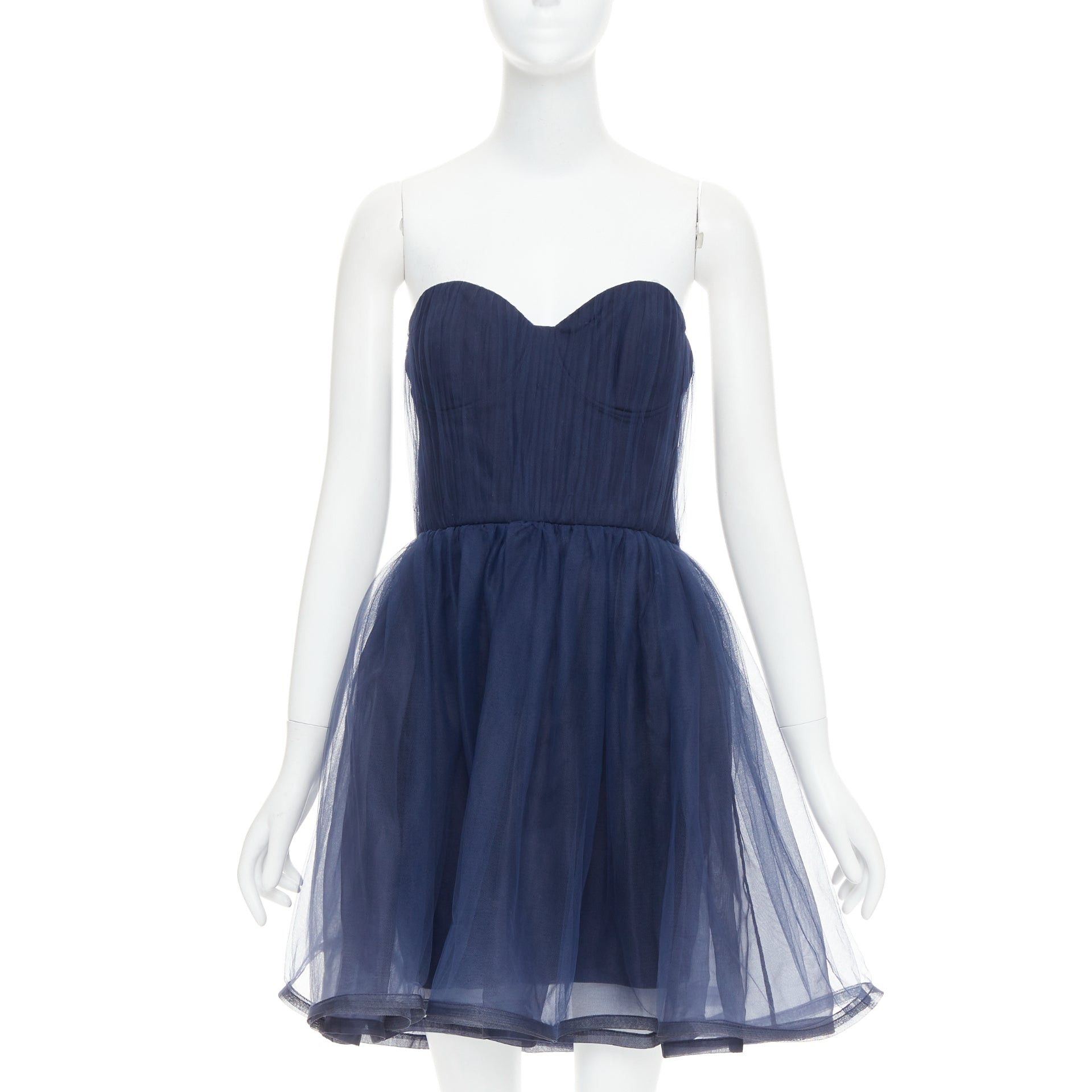 Alice + Olivia ALICE OLIVIA Landi Gathered navy tulle sheer overlay silk trimmed babydoll dress Size S / US 4 / IT 40 - 1 Thumbnail