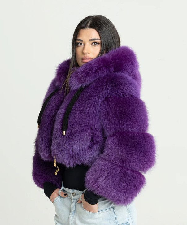 Other Women’s Purple Fox Fur Hooded Bomber Jacket Size L / US 10 / IT 46 - 3 Thumbnail
