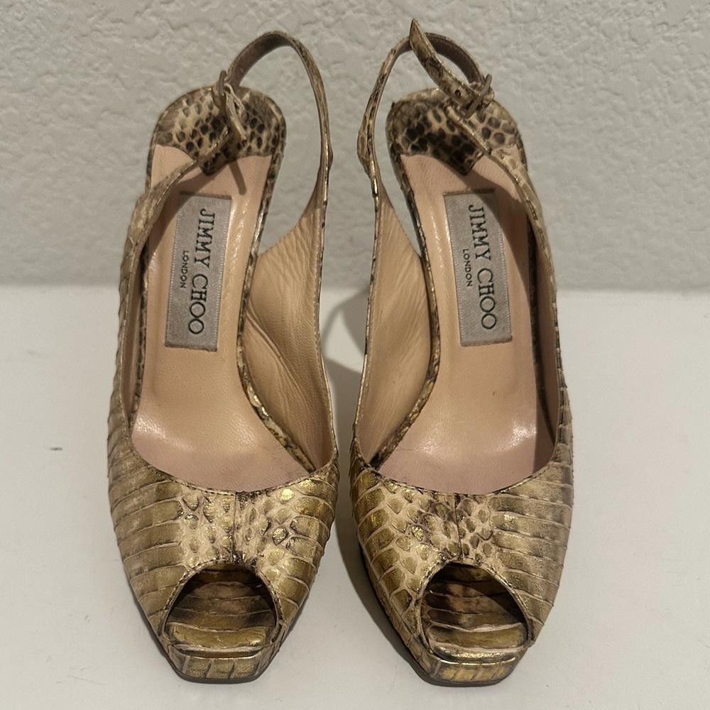 Jimmy Choo Jimmy Choo Nova Gold Snakeskin Leather Platform Slingback 36 Size US 5 / IT 35 - 2 Thumbnail