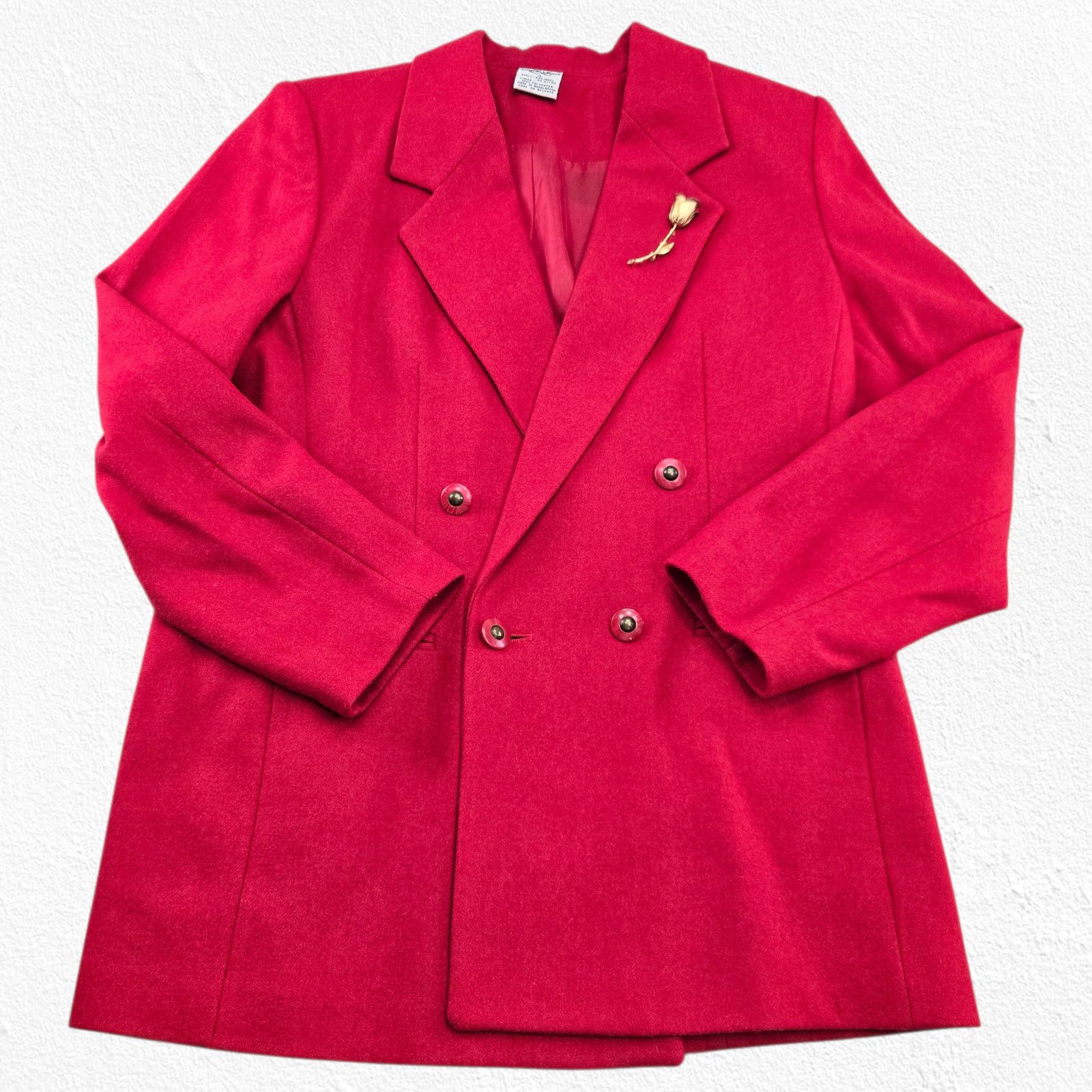 Vintage Red Wool Blend Double Breasted Blazer Rose Broach Size 14 Size XL / US 12-14 / IT 48-50 - 2 Thumbnail