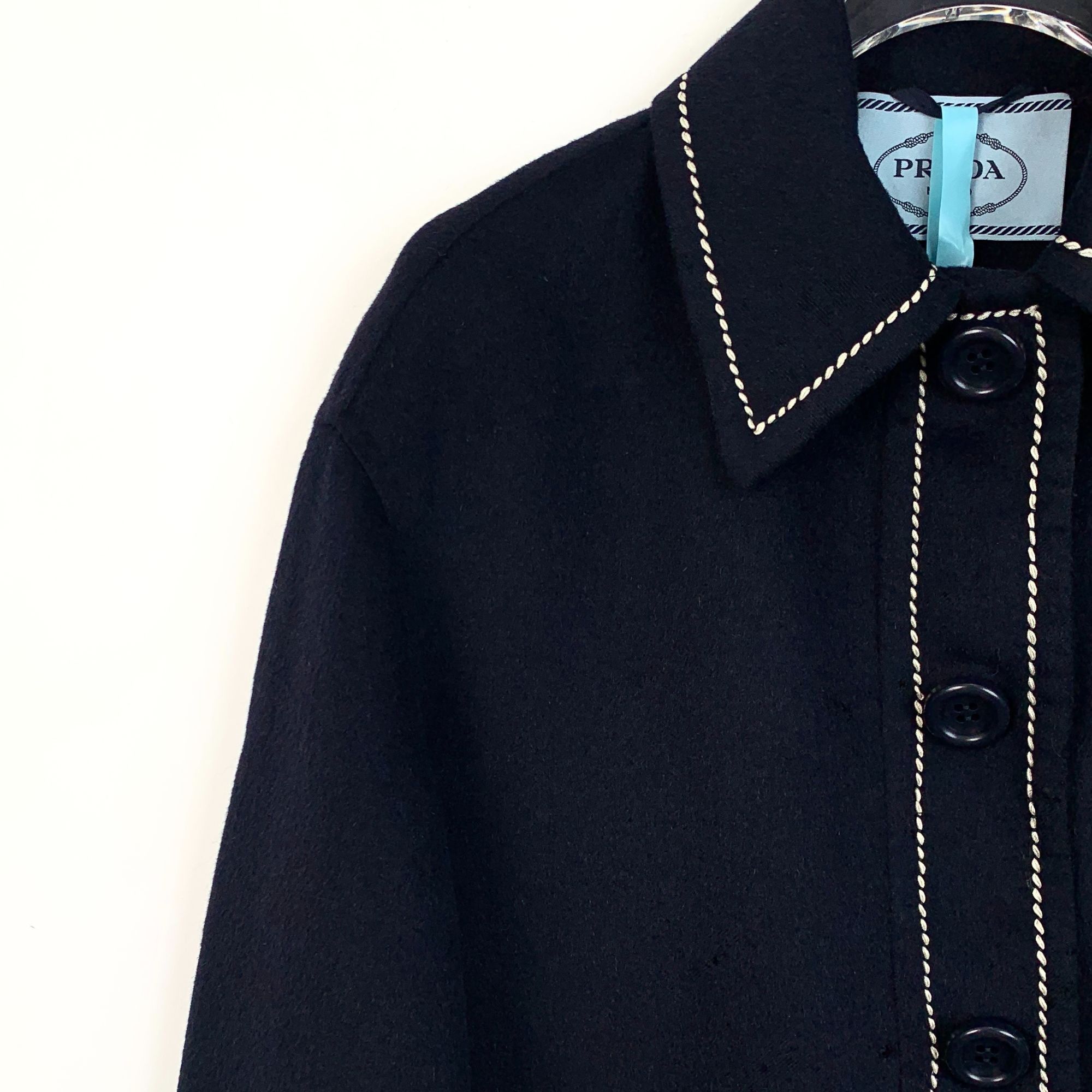 Prada Prada Womens Wool-Blend Coat With Contrasting Stitching & Bu Size XS / US 0-2 / IT 36-38 - 3 Thumbnail