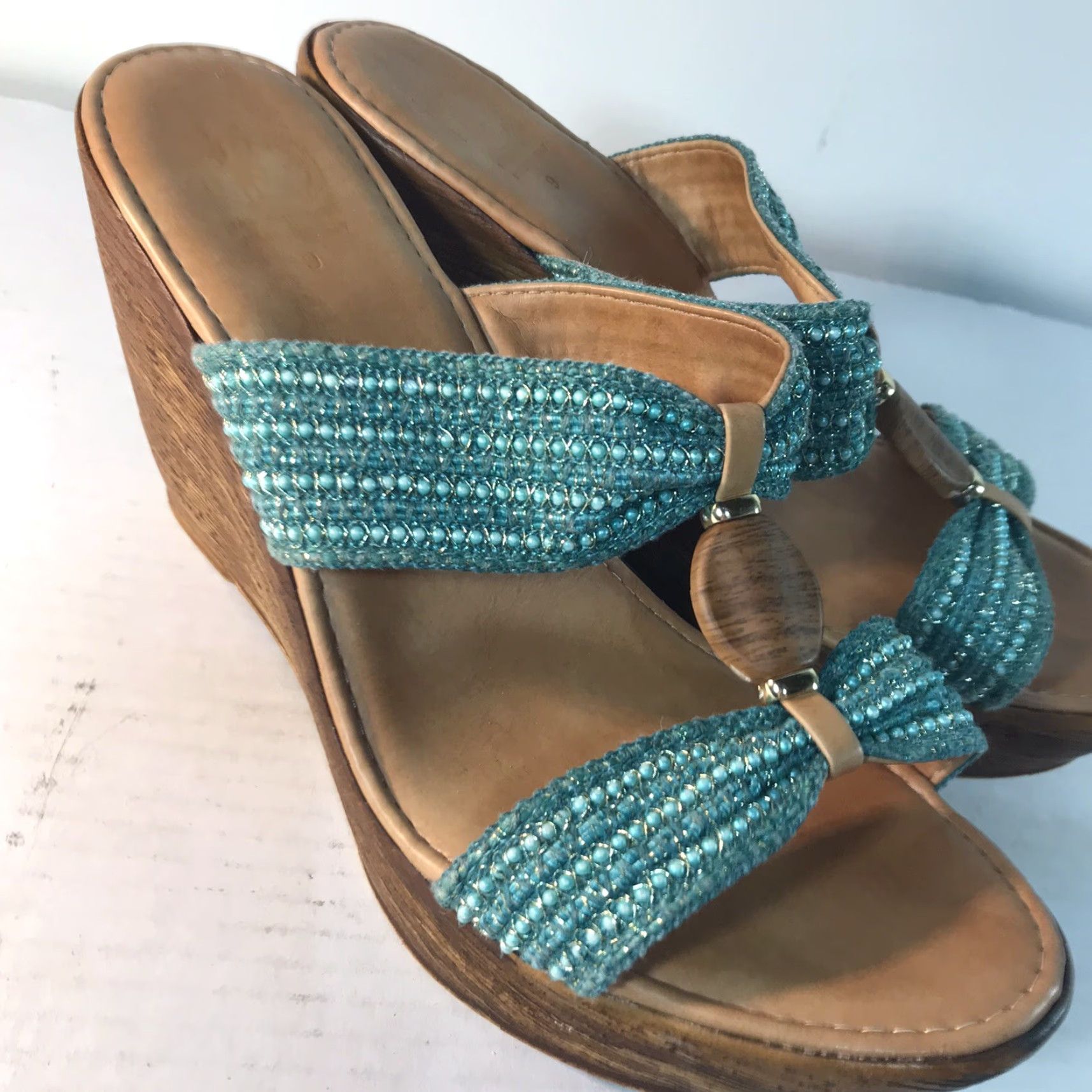 Vintage VINTAGE New Directions Wedges Shoes Women's Brown Turquoise Leather Beaded 4in Heel Italy Size US 9 / IT 39 - 4 Thumbnail