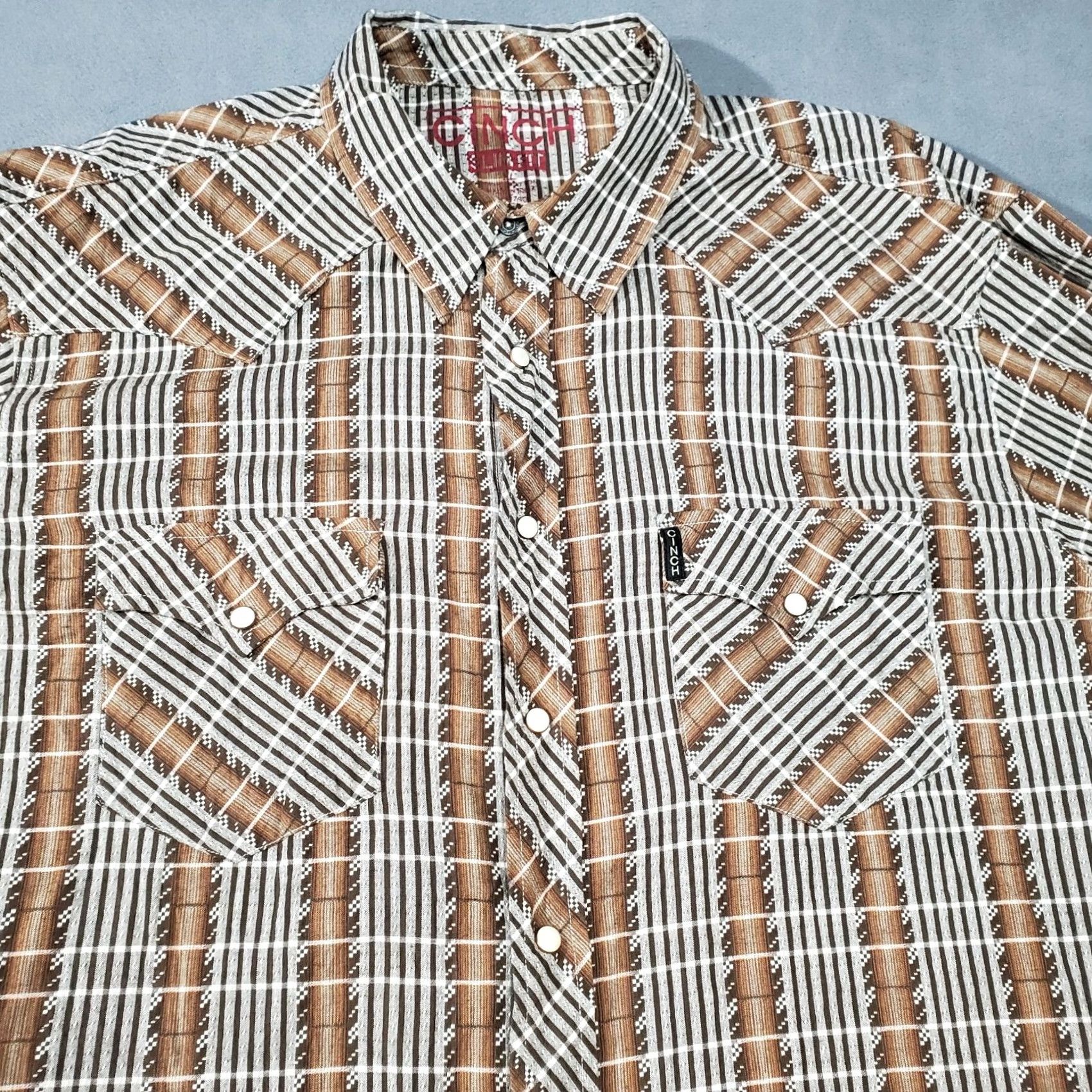 Vintage Cinch Shirt Mens XL Slim Fit Brown Geometric Pearl Snap Western Long Sleeve Shirt Size US XL / EU 56 / 4 - 3 Thumbnail