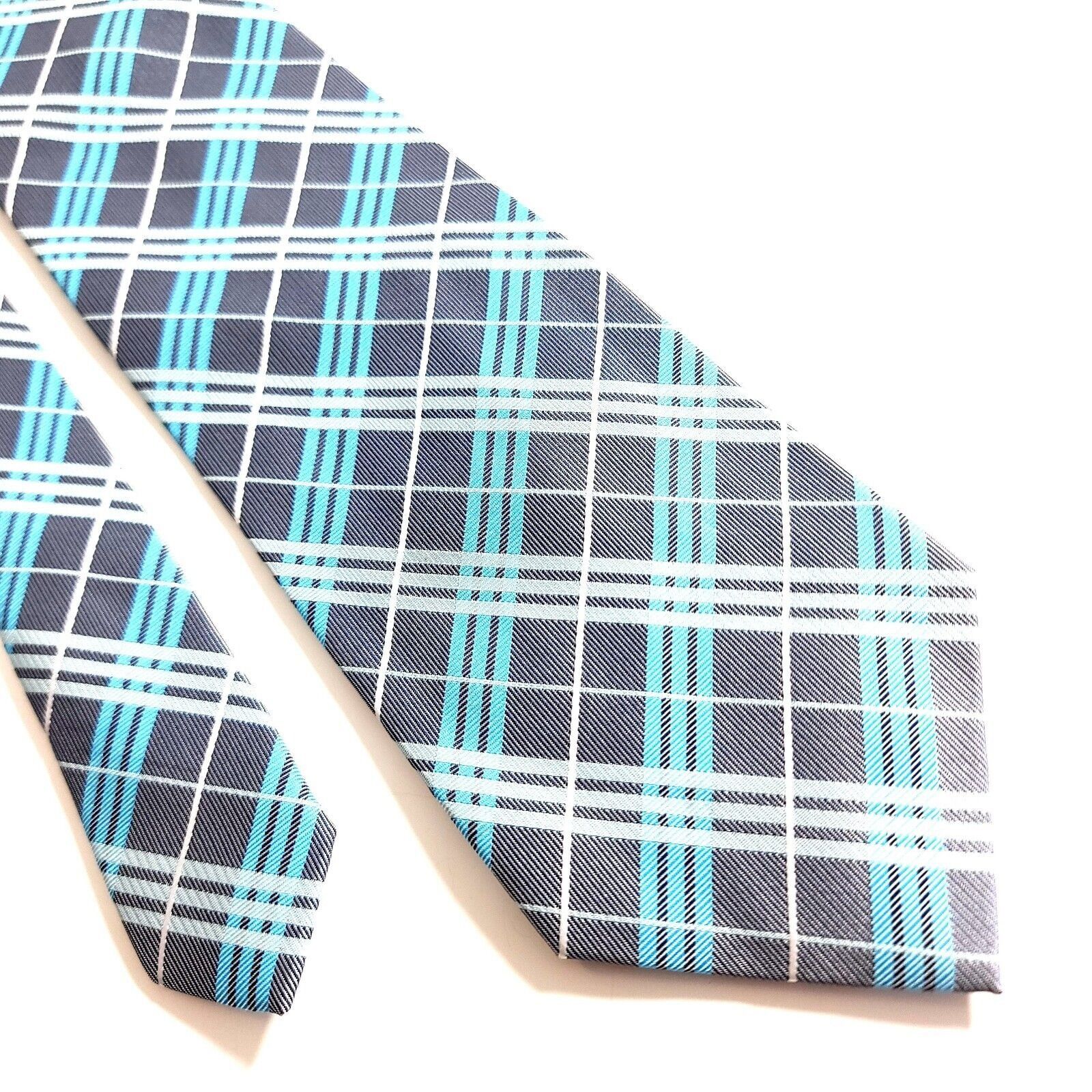Designer Unbranded Gray Teal Woven Plaid Polyester Tie Size ONE SIZE - 1 Thumbnail
