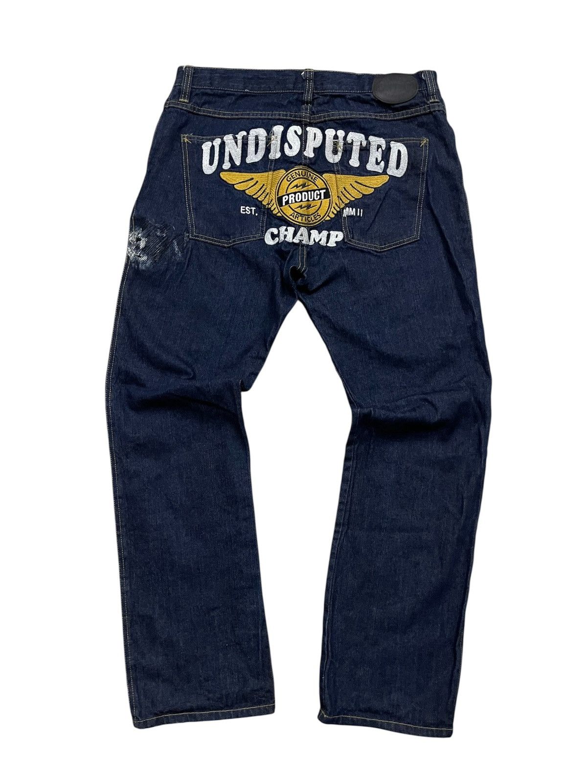 Beauty Beast 00s UNDISPUTED CHAMP GENUINE PRODUCT EMBROIDERED LOGO JEANS Size US 35 - 1 Thumbnail