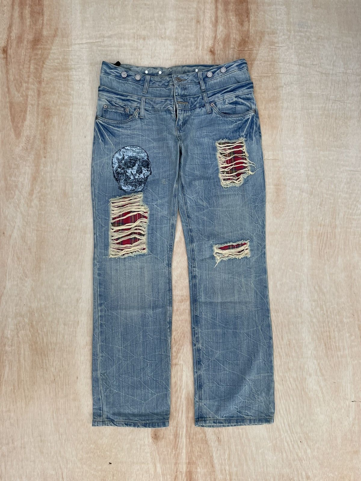 image of Distressed Denim Skull Double Waist Jeans in Blue, Men's (Size 34)