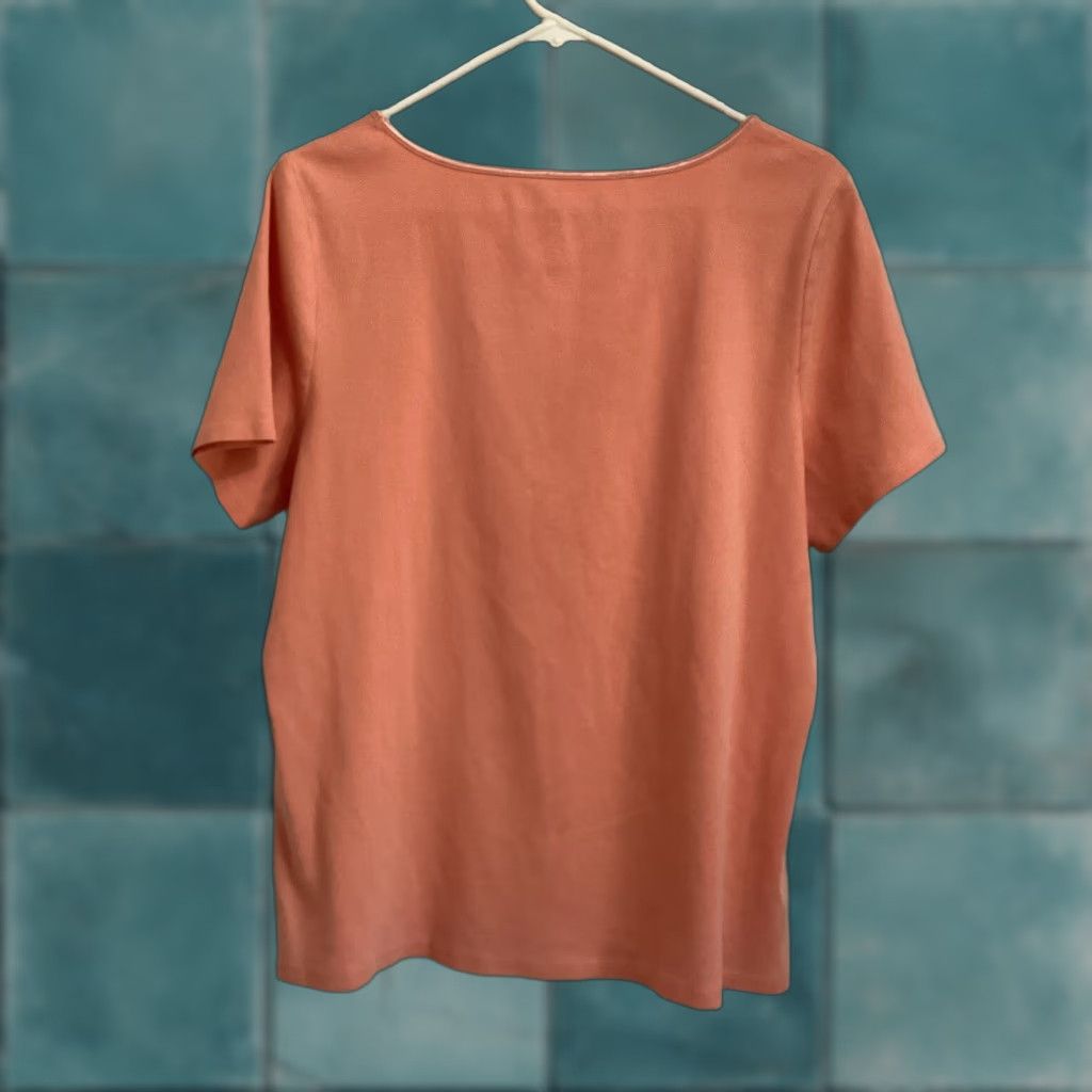 J. Jill J Jill Top Women XL Salmon Pink Satin Trim Tee Scoop Neck Short Sleeve Cotton T-Shirt Size XL / US 12-14 / IT 48-50 - 1 Thumbnail