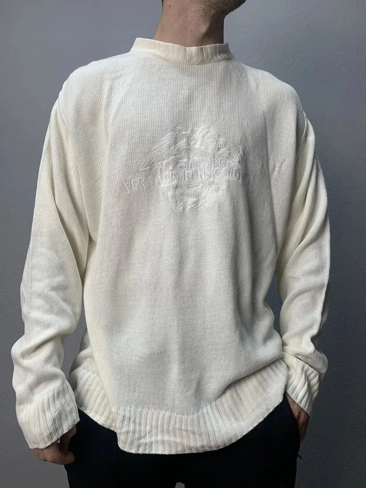 Versace 👉 Vintage Versace Jeans Couture Distressed Striped Sweater Size US XL / EU 56 / 4 - 2 Thumbnail