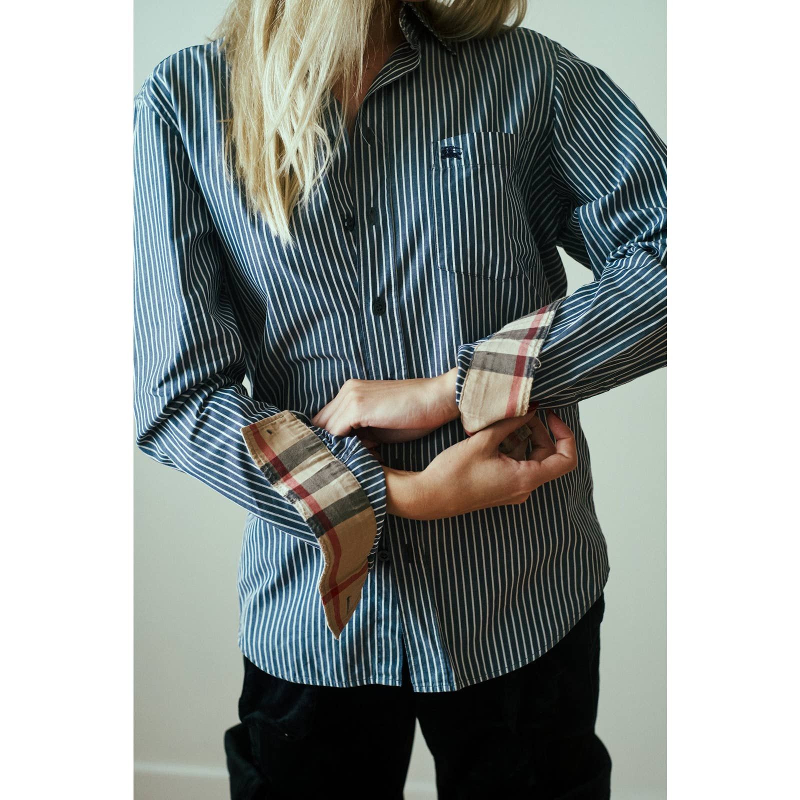 image of Vintage Burberry Blue + White Striped Button Down Top, Women's (Size Medium)