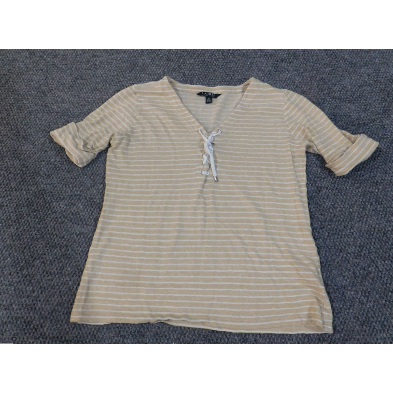 Ralph Lauren Lauren Ralph Lauren Blouse Shirt Womens Medium Beige Linen Striped Pullover Knit Cotton Round Neck Long Sleeve Size M / US 6-8 / IT 42-44 - 2 Thumbnail
