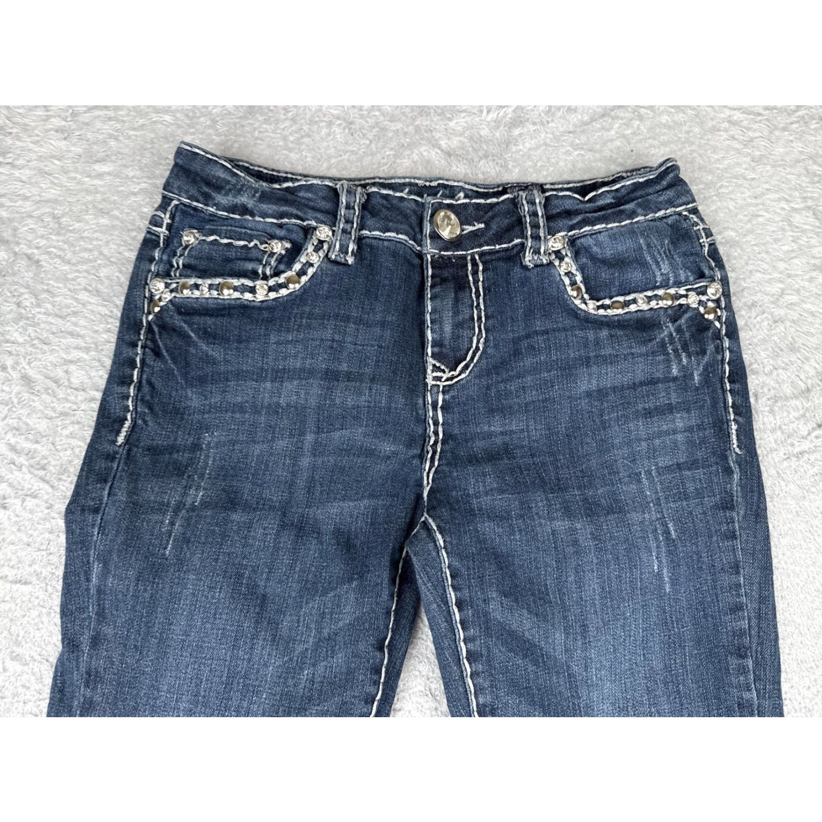 Vintage LA Idol Jeans Bootcut Juniors 9 Blue Medium Wash Low Rise Stretch 31x34 5-Pocket Denim Rhinestone Studded Womens Size 30" / US 8 / IT 44 - 4 Thumbnail