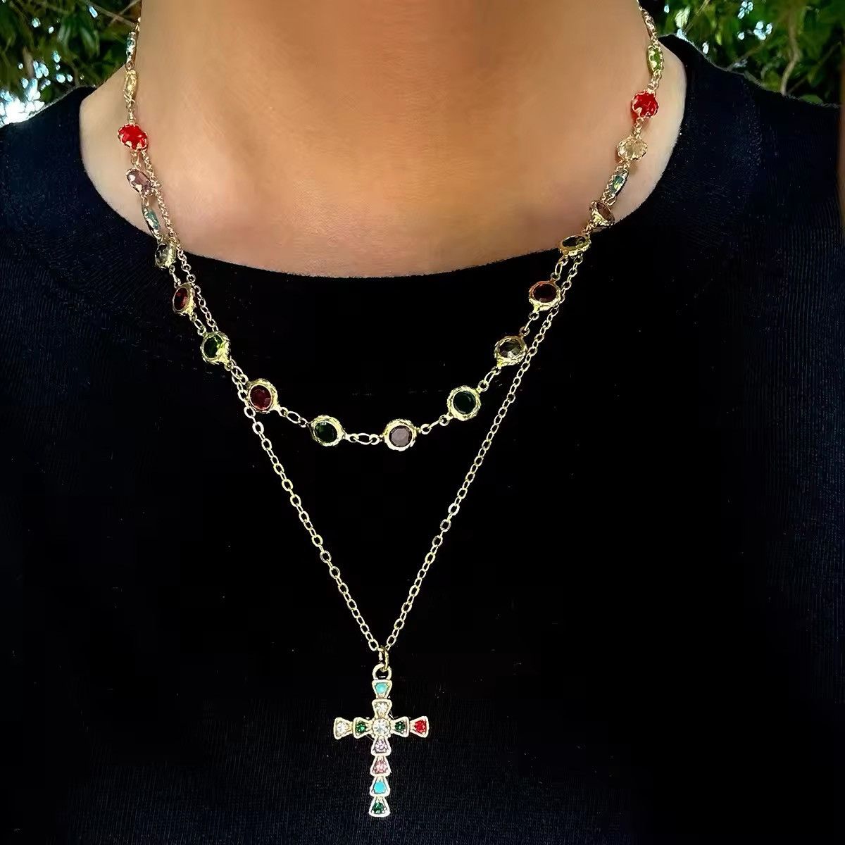 Jewelry 2Pcs Punk Zircon Cross Pendant Necklace Size ONE SIZE - 2 Thumbnail