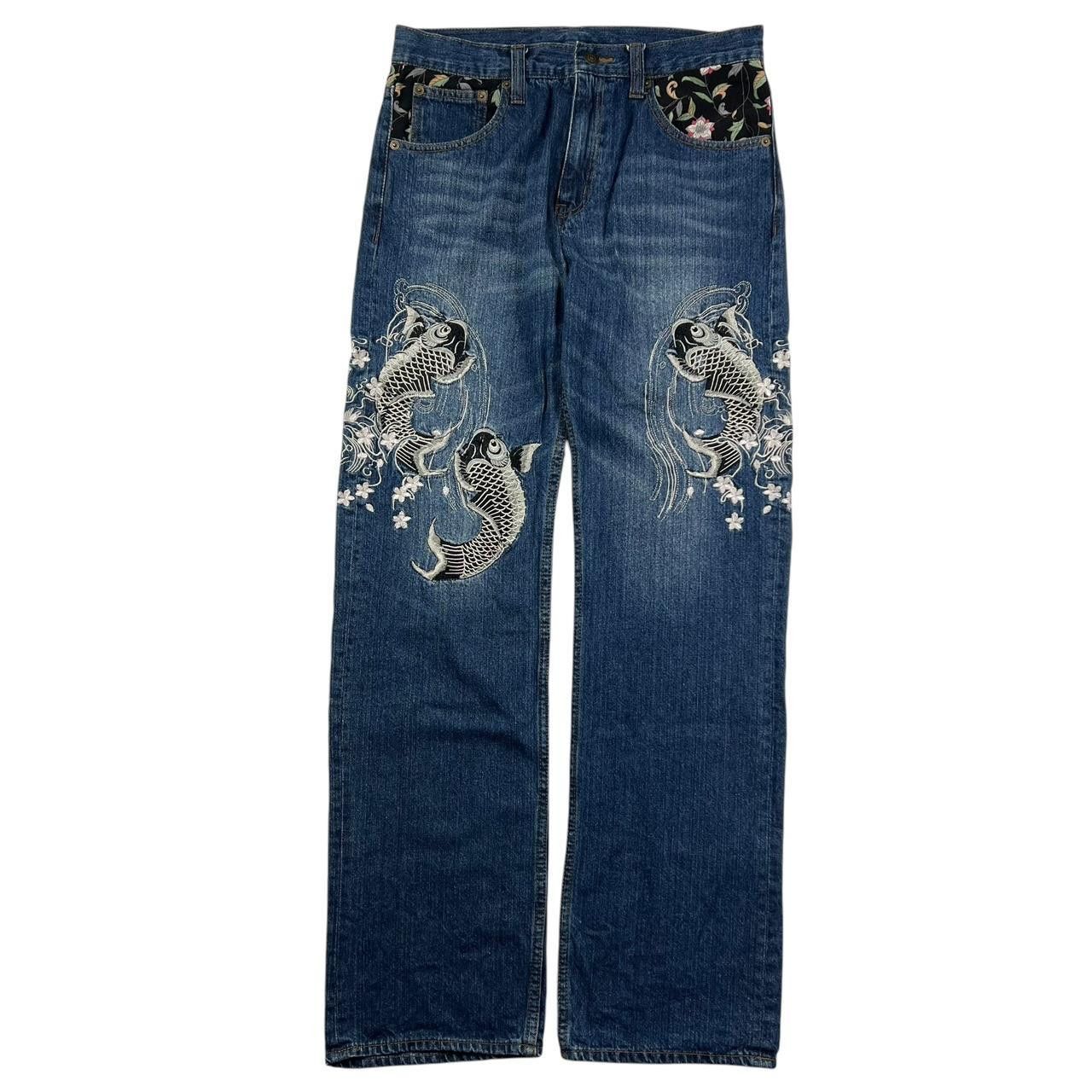 Japanese Brand Vintage Embroidered Koi Fish Japanese Denim Jeans - Waist 31 Size US 31 - 5 Thumbnail