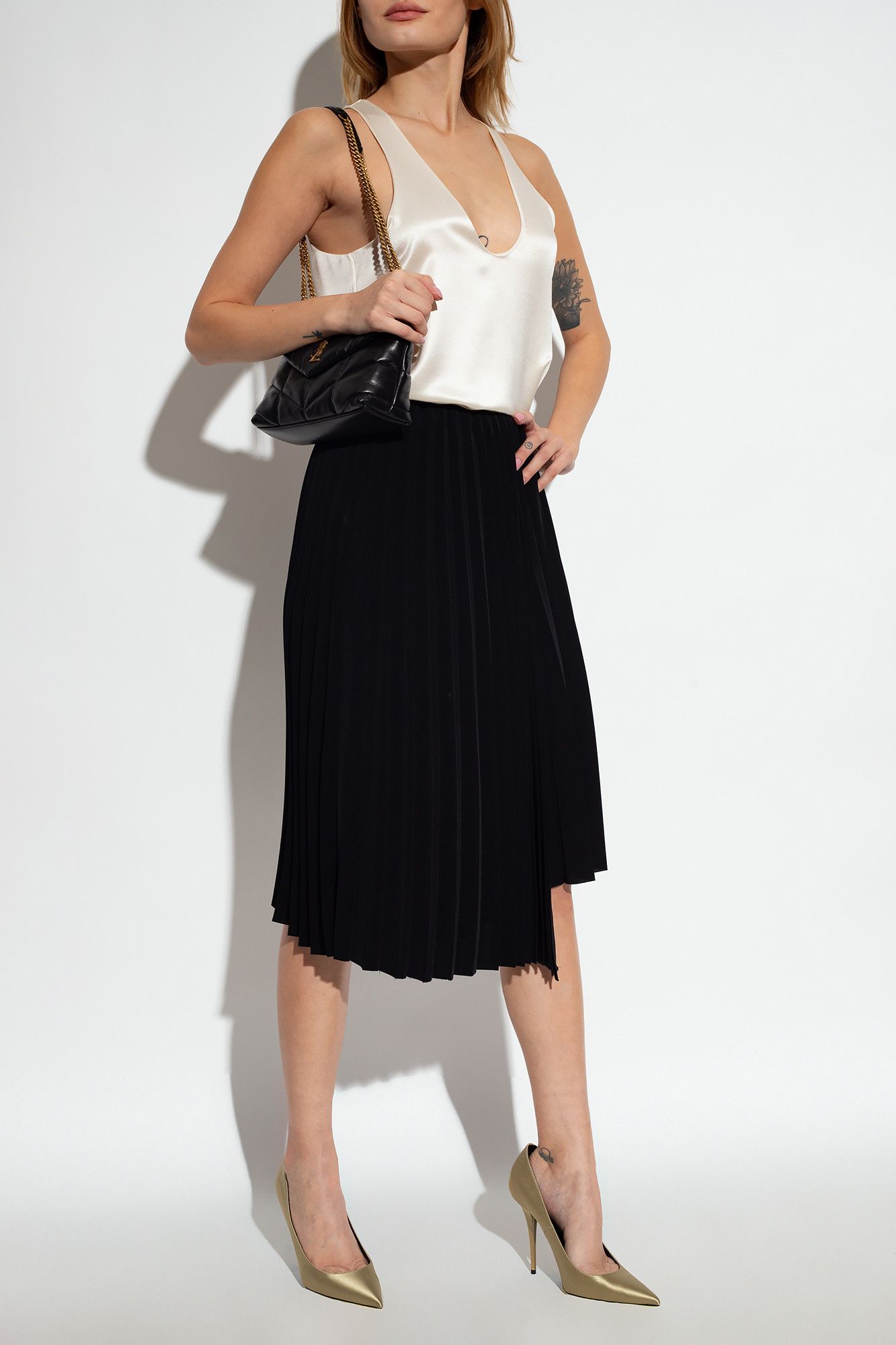 Saint Laurent Paris o1s1wg111024 Asymmetrical Pleated Midi Skirt Crepe in Black Size 26" / US 2 / IT 38 - 2 Thumbnail