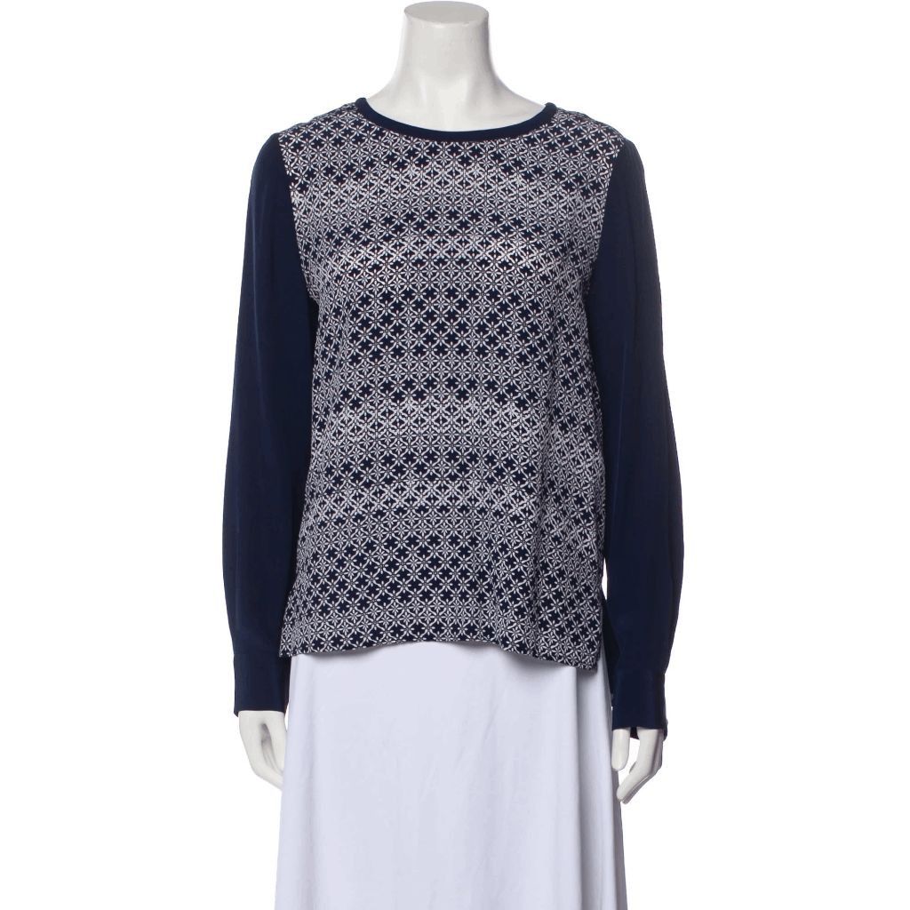 Diane von Furstenberg Blue Silk Printed Long Sleeve Blouse W
