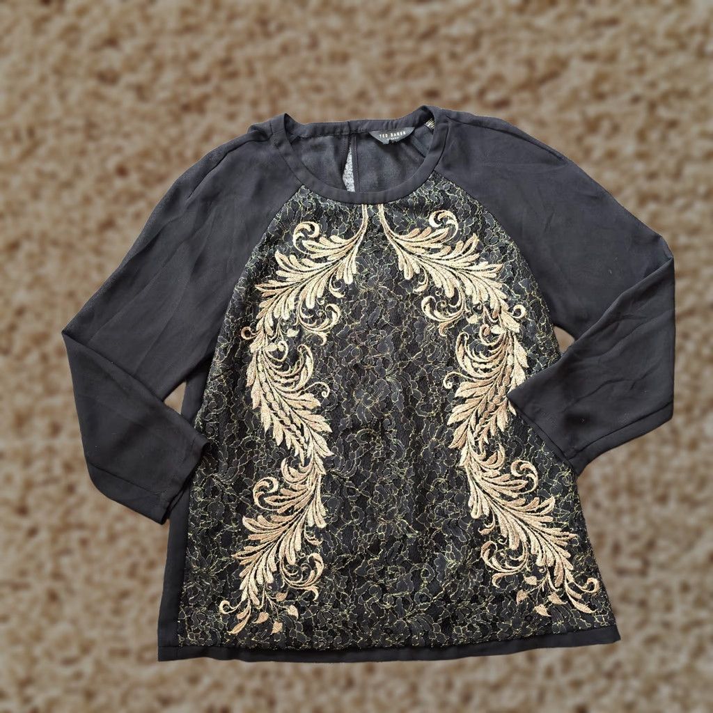 Ted Baker Ted Baker Top Womens Size 3 Black Gold Embroidery Floral Sheer Classic Cocktail blouse Size M / US 6-8 / IT 42-44 - 1 Thumbnail