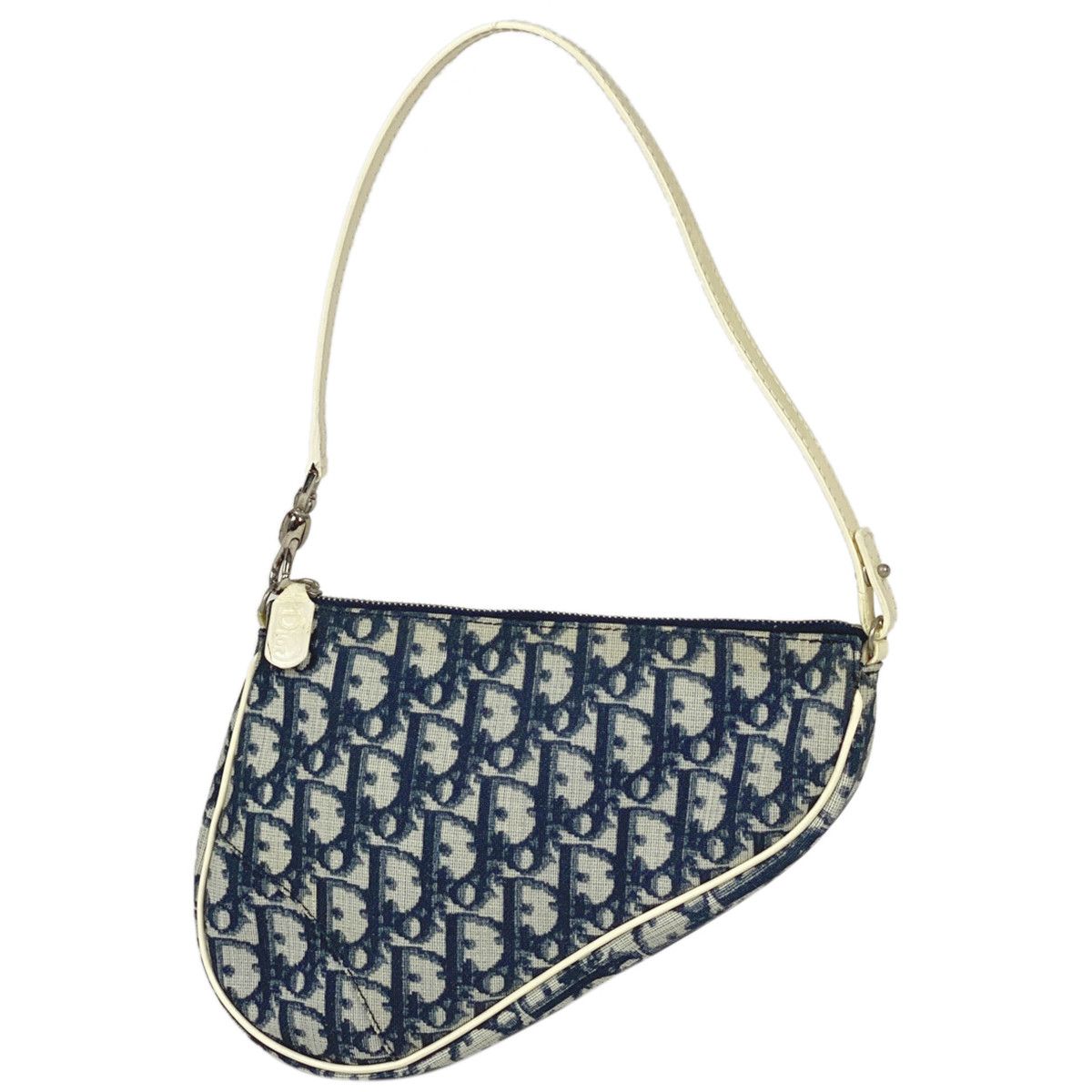 Christian Dior Saddle Bag Handbag Shoulder Bag Coated Canvas Navy White