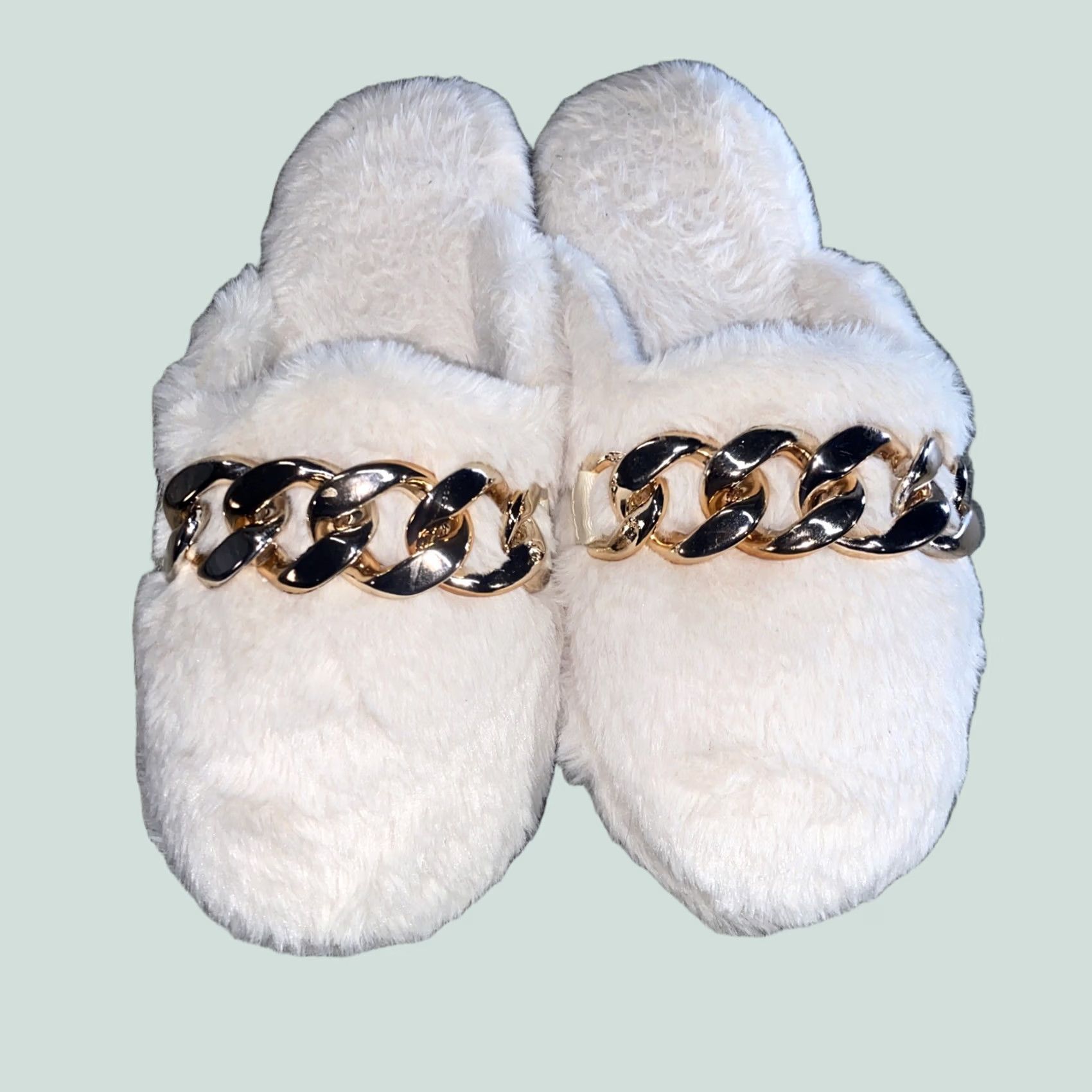 Vintage PLUS Faux Fur Curb Chain Slippers Women Slide Slipper Ivory 8 Large Size ONE SIZE - 1 Thumbnail
