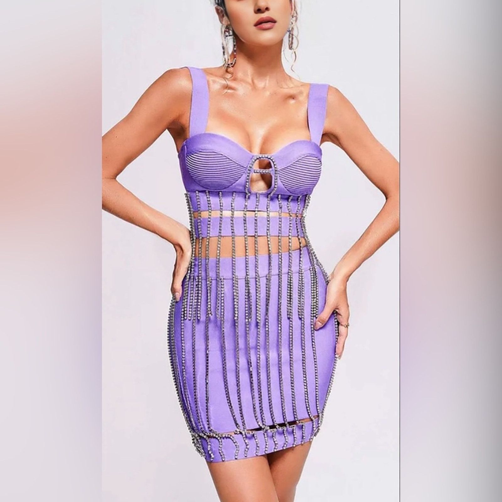 Other New Purple Bandage Rhinestone Fringe Matching Set XS Size S / US 4 / IT 40 - 1 Thumbnail